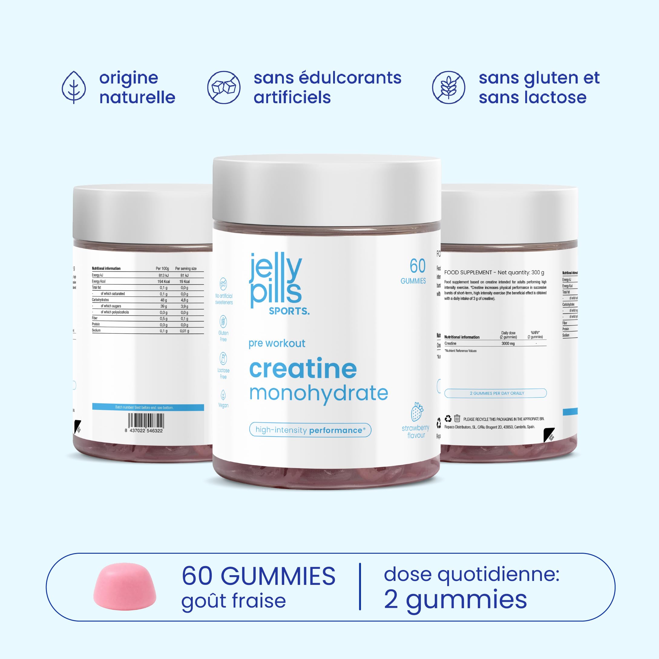 Gummies Créatine Monohydrate pure – 1,5 g par Gummy – 60 Gummies véganes – Pré-Entraînement Force, Performance Physique et Mentale – Renforcement Cognitif – Goût Fraise – Jelly Pills Sports – 1 mois