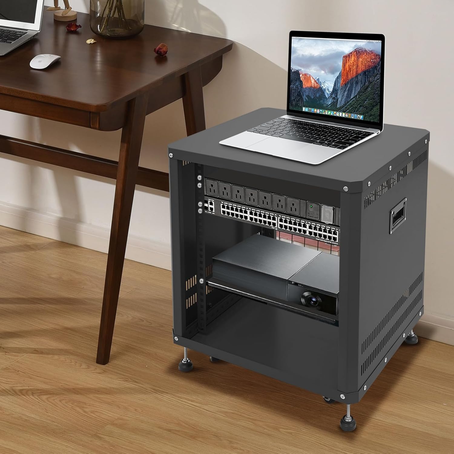 12U Stereo & Studio Rack with Wheels, Open Frame Audio Rack Cabinet, Rolling Network Cabinet, Network Devices Storage Rack Cabinet (Black, 12U)