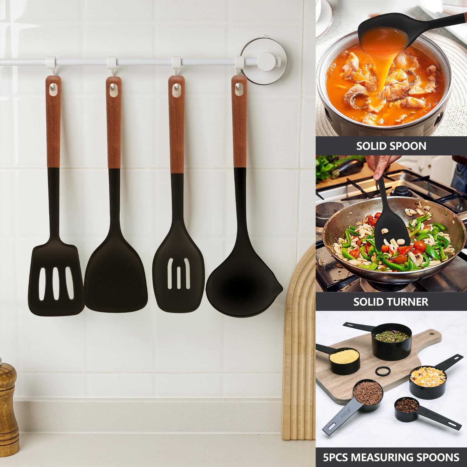 14-teiliges Silikon-Kochutensilien-Set, Hitzebeständig Bis 210 °C, Mit Utensilienhalter, Nahtloses Design, Spülmaschinenfest – Schwarz
