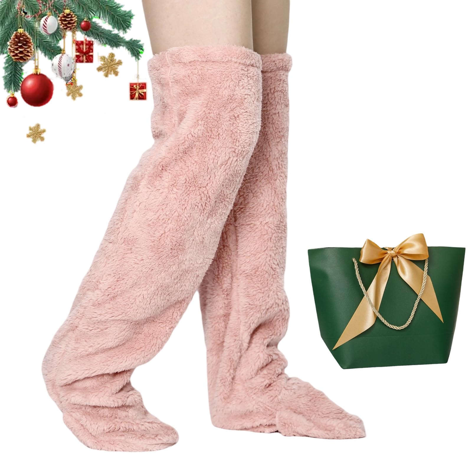 Snrtevu Goose Down Knee Socks for Christmas, Socks Long Fuzzy Thigh High Warm, Plush Knee High Sock for Women, Winter Fuzzy Thermal Home Sleeping Sock (leather pink)