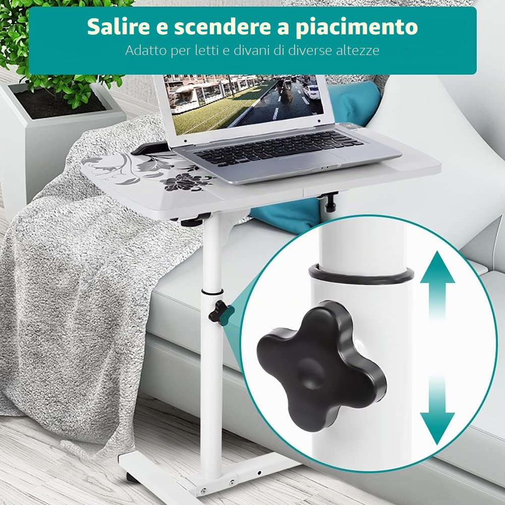 Wakects Tavolo Portatile per Computer Regolabile in Altezza con Rotelle, Tavolino da Letto e Divano con 4 Ruote, Bianco