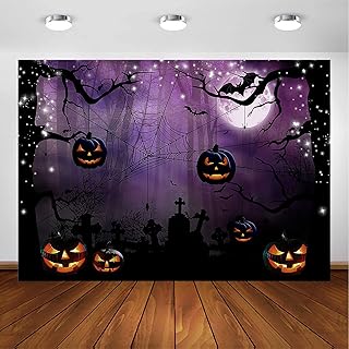 Avezano Creepy Nightmare Forest Halloween Backdrop Pumpkins Bats Full Moon Spooky Party Background Magic Witch Ghost Theme Party Decorations Portrait Photoshoot Photo Booth Studio (Purple, 7x5ft)