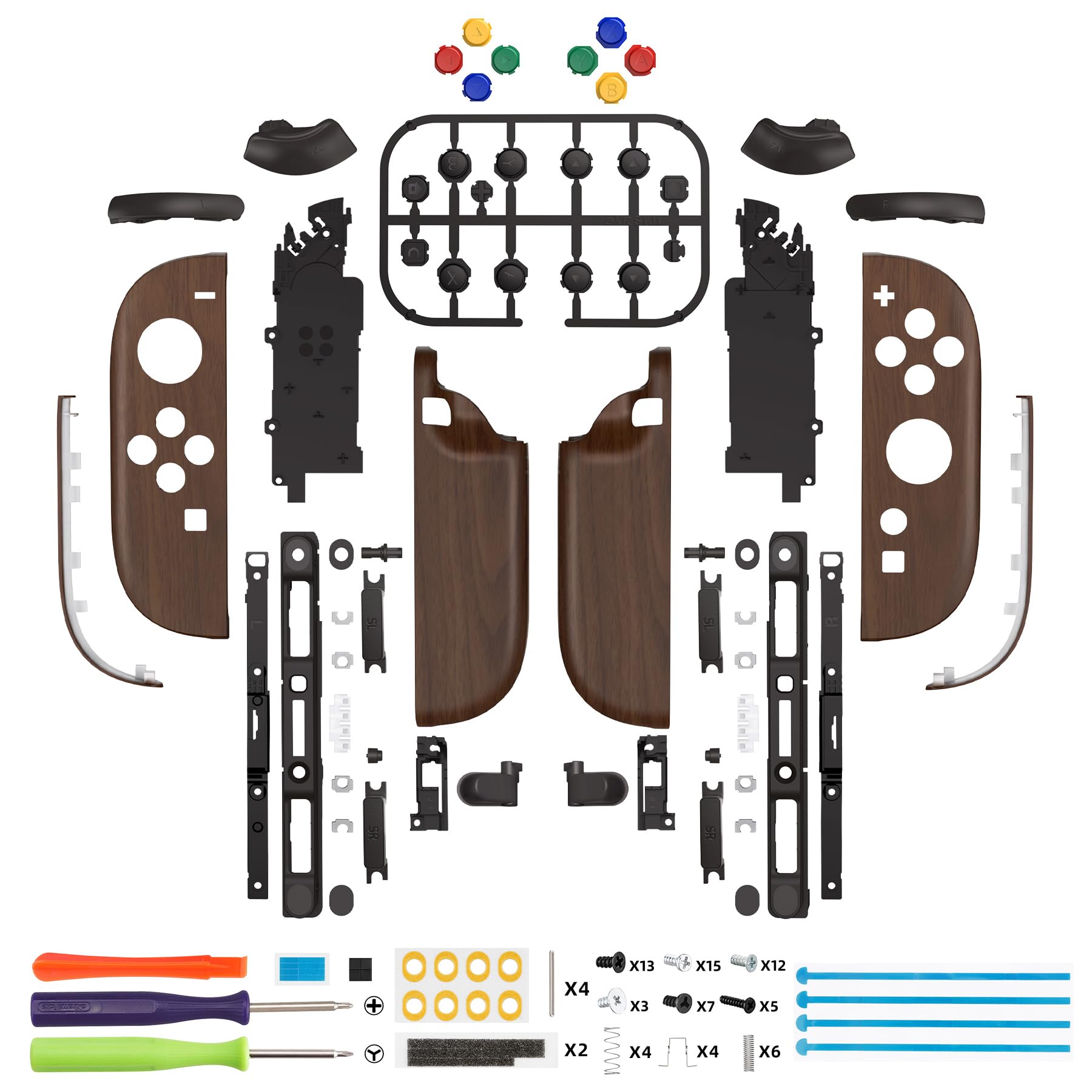 eXtremeRate DIY-Ersatz Full Shell & Button Zubehör für Switch 2 Joycons, Deluxe Version Front Gehäuse/Back Case/Griff Deko-Streifen/Mittel Rahme/Knöpfe Set für Nintendo Switch 2 Joy Con-Holz Optik