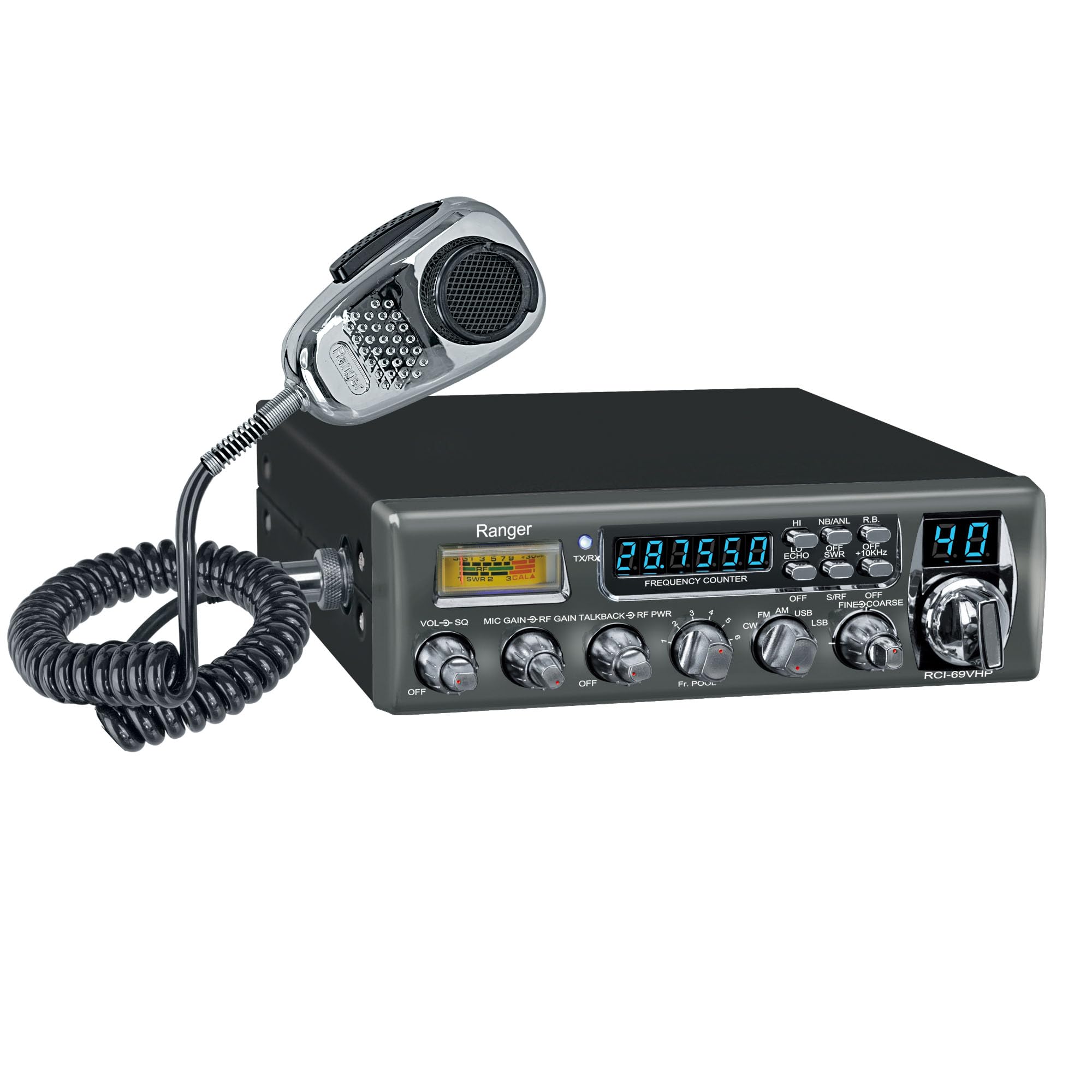 Ranger RCI-69VHP High Power 10 Meter Amateur Radio 80W PEP All-Mode (CW/FM/AM/SSB) SRA-198NC Dynamic Noise Canceling Mic 6-Digit Frequency Counter Fine/Coarse Clarifier SWR Meter & Big Heatsink