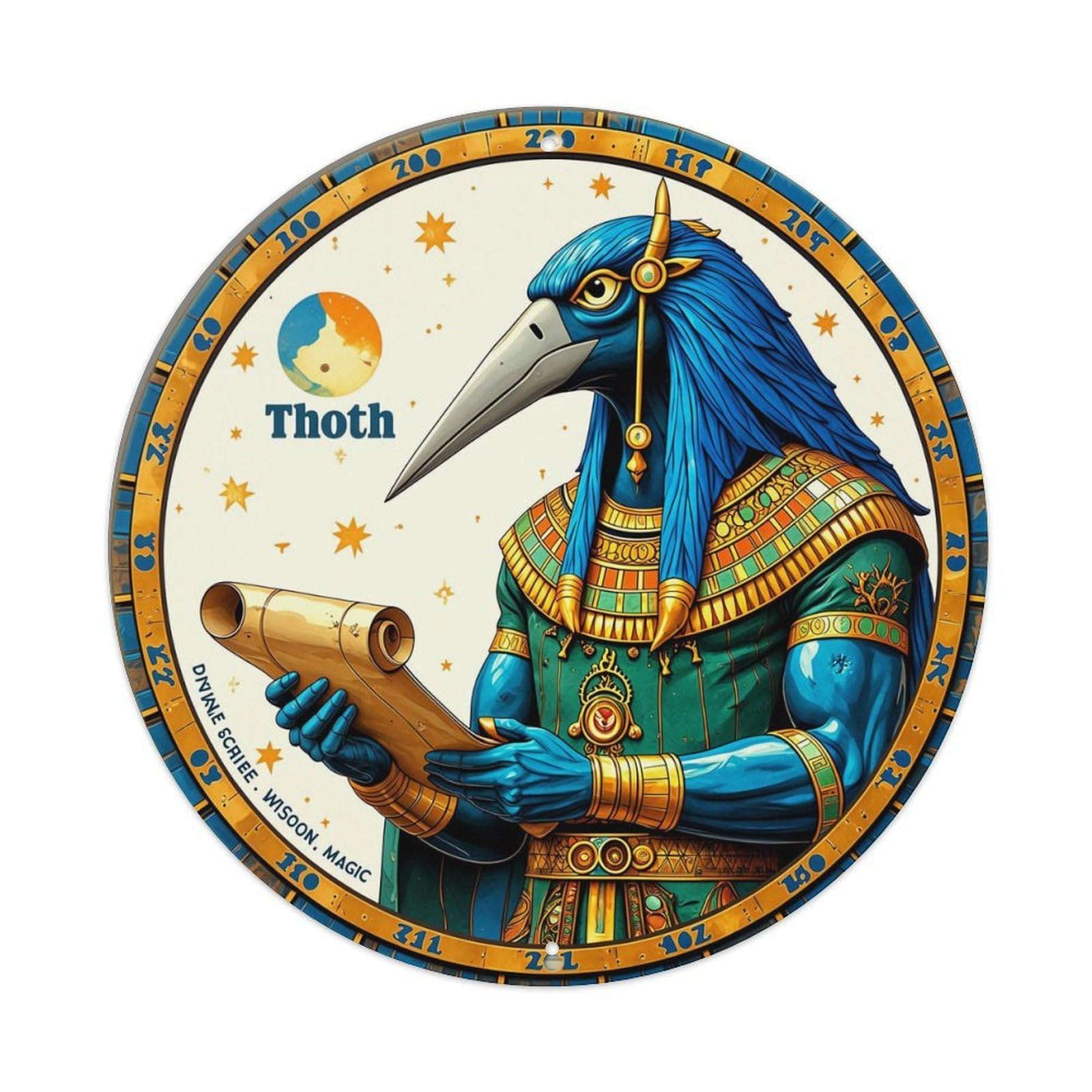Egyptian God Thoth With Scroll Retro Metal Sign Round Tin Sign, Vintage Decor Art Poster for Bar, Home, Man Cave, Kitchen, Laundry Room Gift 8x8Inch