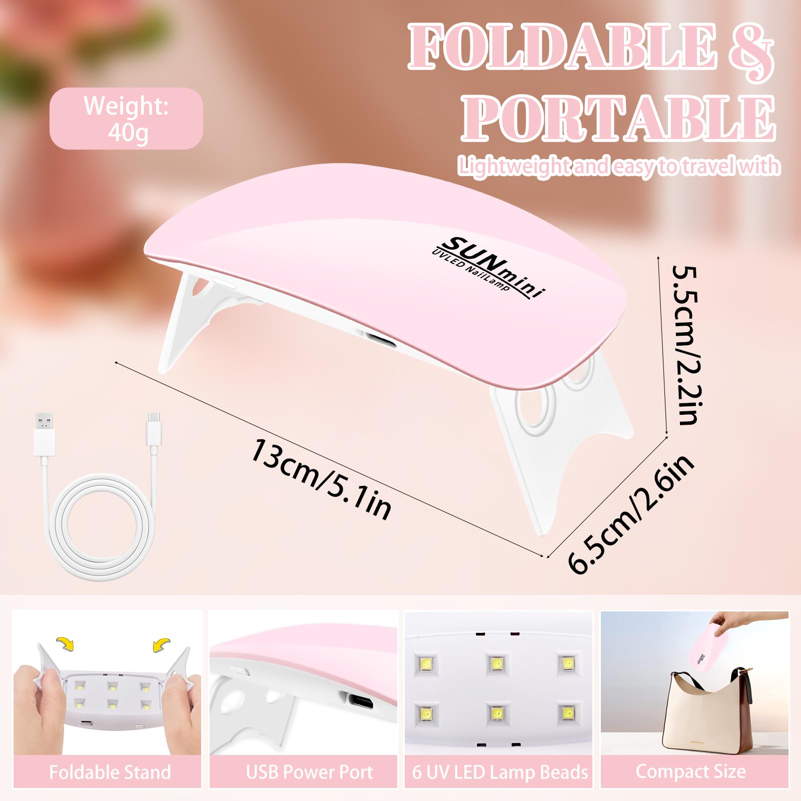Pavlleen Mini Lampada UV LED per Unghie, Asciuga Unghie con Cavo USB, Petit Asciuga Gel Portatile Pieghevole con Timer da 60 e 120 Secondi per Salone per Unghie, Casa, Viaggi (Rosa)