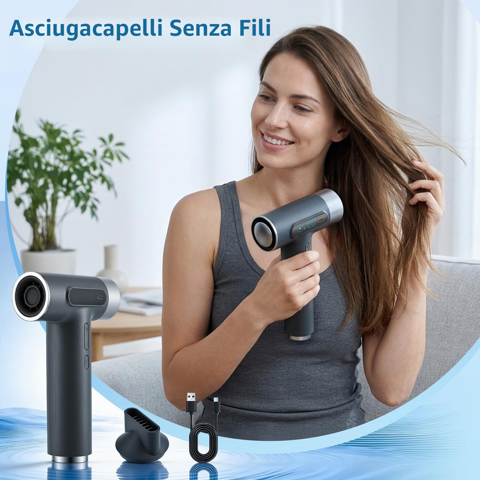 Asciugacapelli a batteria da 300 W, senza fili, da viaggio, 3 velocità e 3 temperature, asciugacapelli portatile con schermo digitale, per campeggio