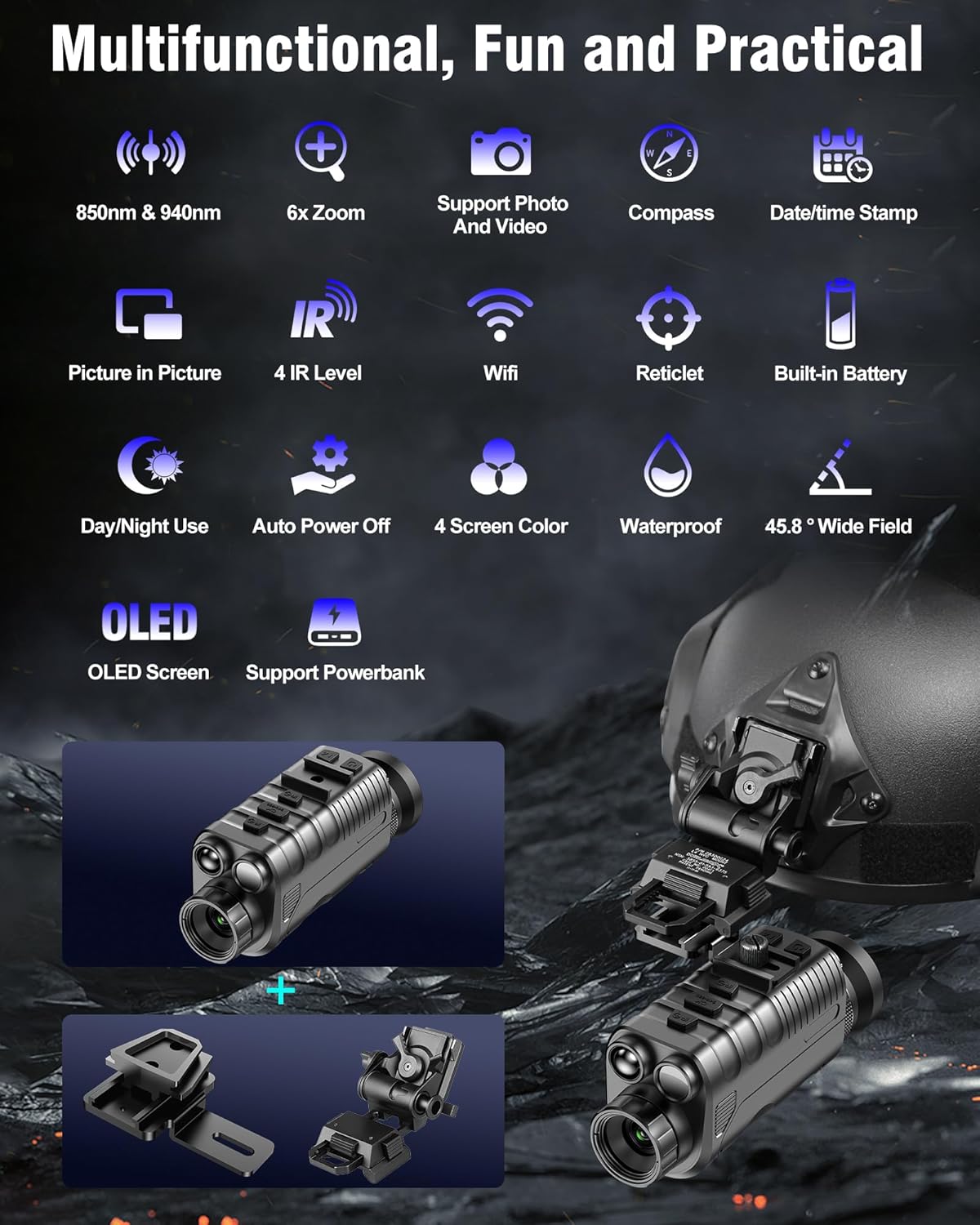 Nightiger Dual IR Night Vision Monocular for Adults Helmet OLED Large Circular Screen 850nm 940nm Rechargeable Night Vision Goggles HD Camera 4K Video Photo NVG Digital Zoom Night Vision Binocular