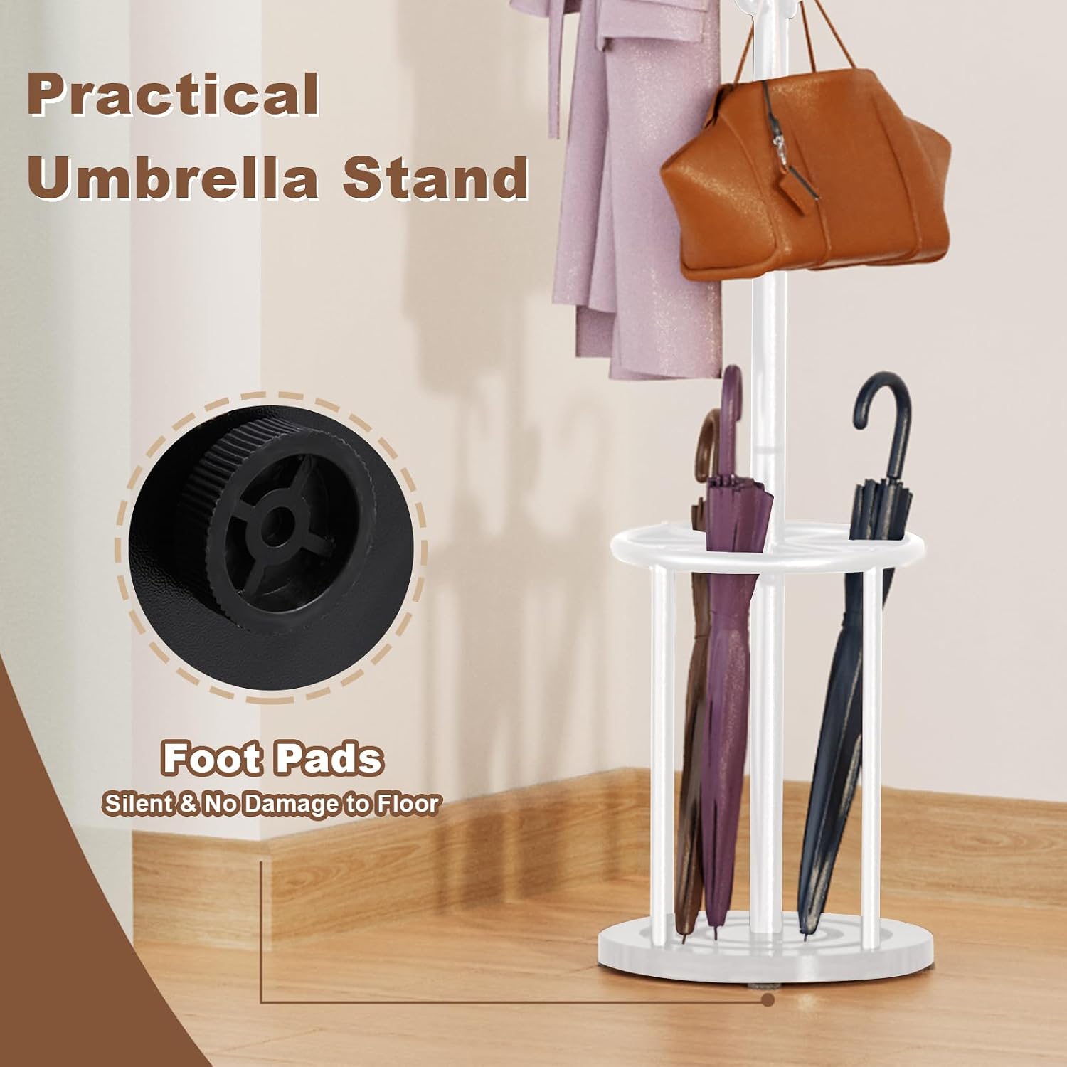 Coat Rack Freestanding, Coat Rack Stand with Umbrella Holder, Coat Tree, Coat Hanger Stand with 12 Hooks for Clothes Bag Hats, Used in Bedroom, Office, Living Room and Entryway-White