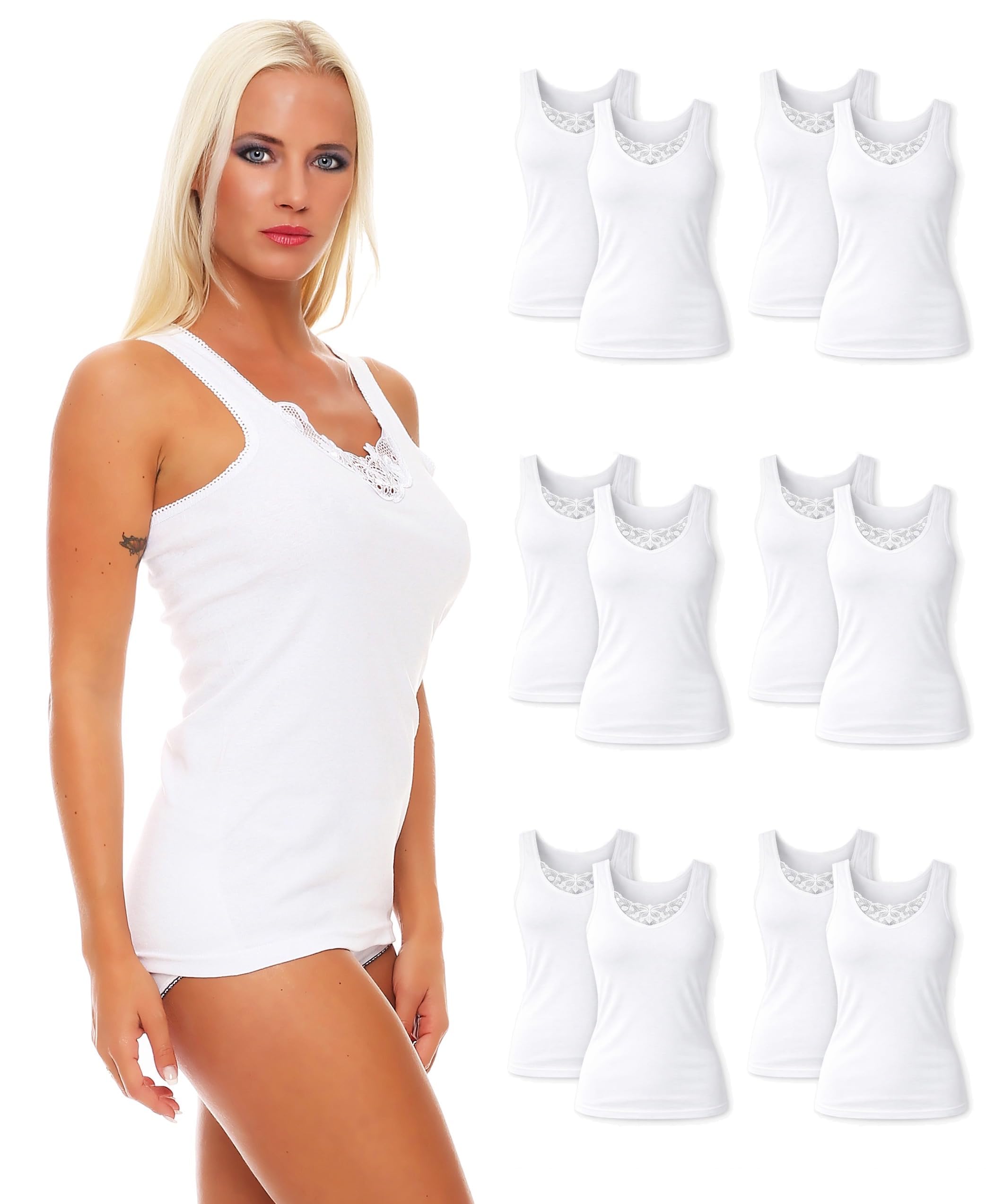 2 | 4 | 6 | 10 Stück feine Damen-Unterhemden mit breitem Träger Weiss mit feiner Spitze, 100% Baumwolle Größe 36/38 bis 60/62