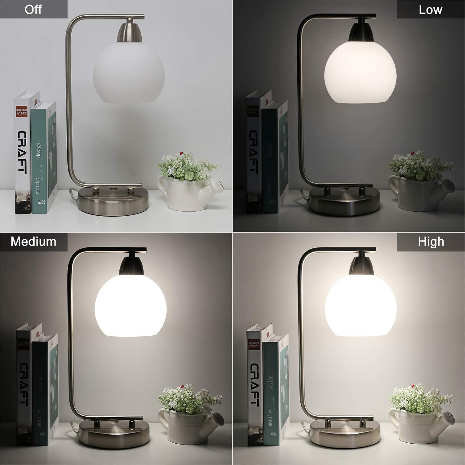 Touch Control Table Lamp with AC Outlet and 2 USB Charging Ports, Dimmable Bedside Touch Lamp, Modern Silver Table Lamp with Opal Glass Shade, Ideal for Office Bedroom Guest Room, Led Bulb Included