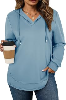 Womens Plus Size Sweatshirts Casual Long Sleeve V Neck Drawstring Hoodies Tops
