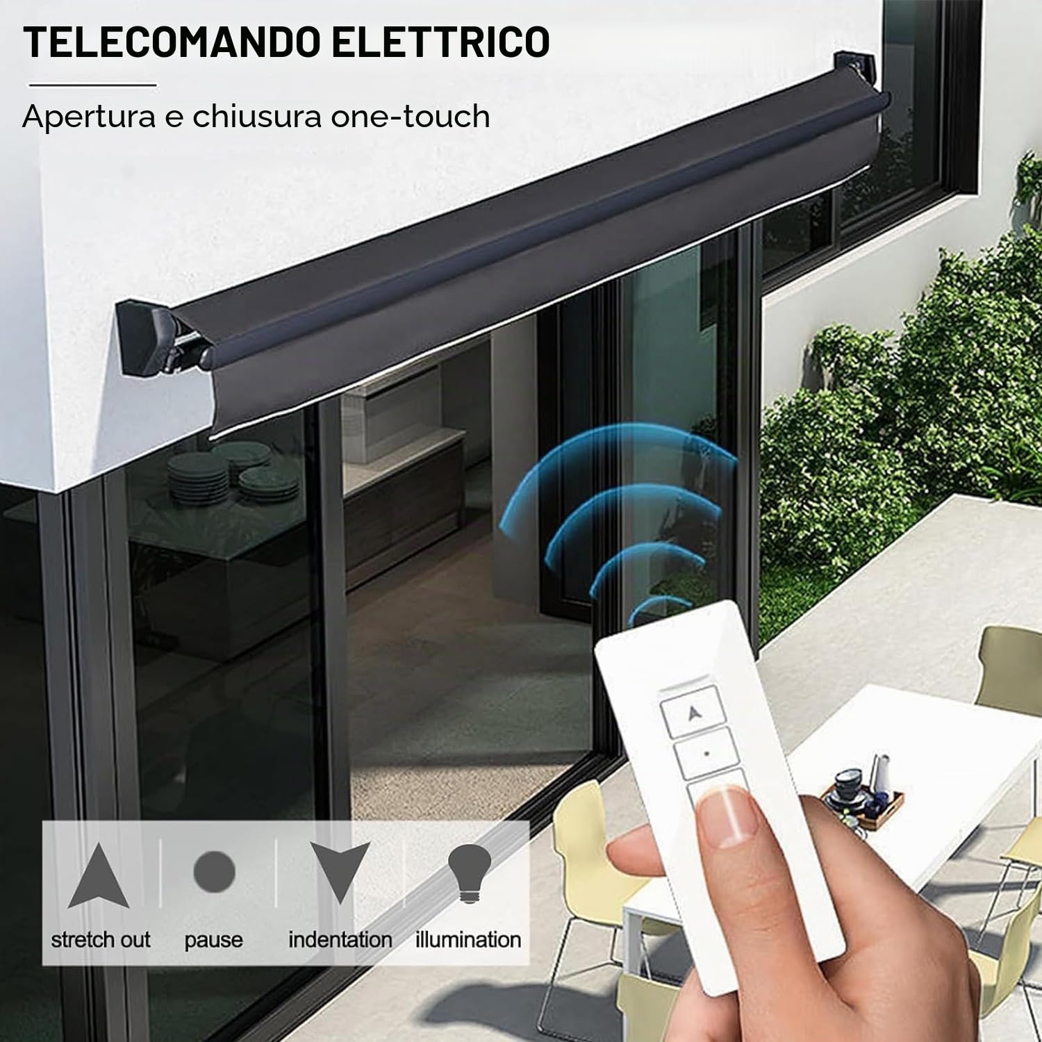 Tenda elettrica retrattile per patio, con telecomando e luce, tenda da sole in alluminio per esterni, riparo su terrazza, cortile, giardino, balcone