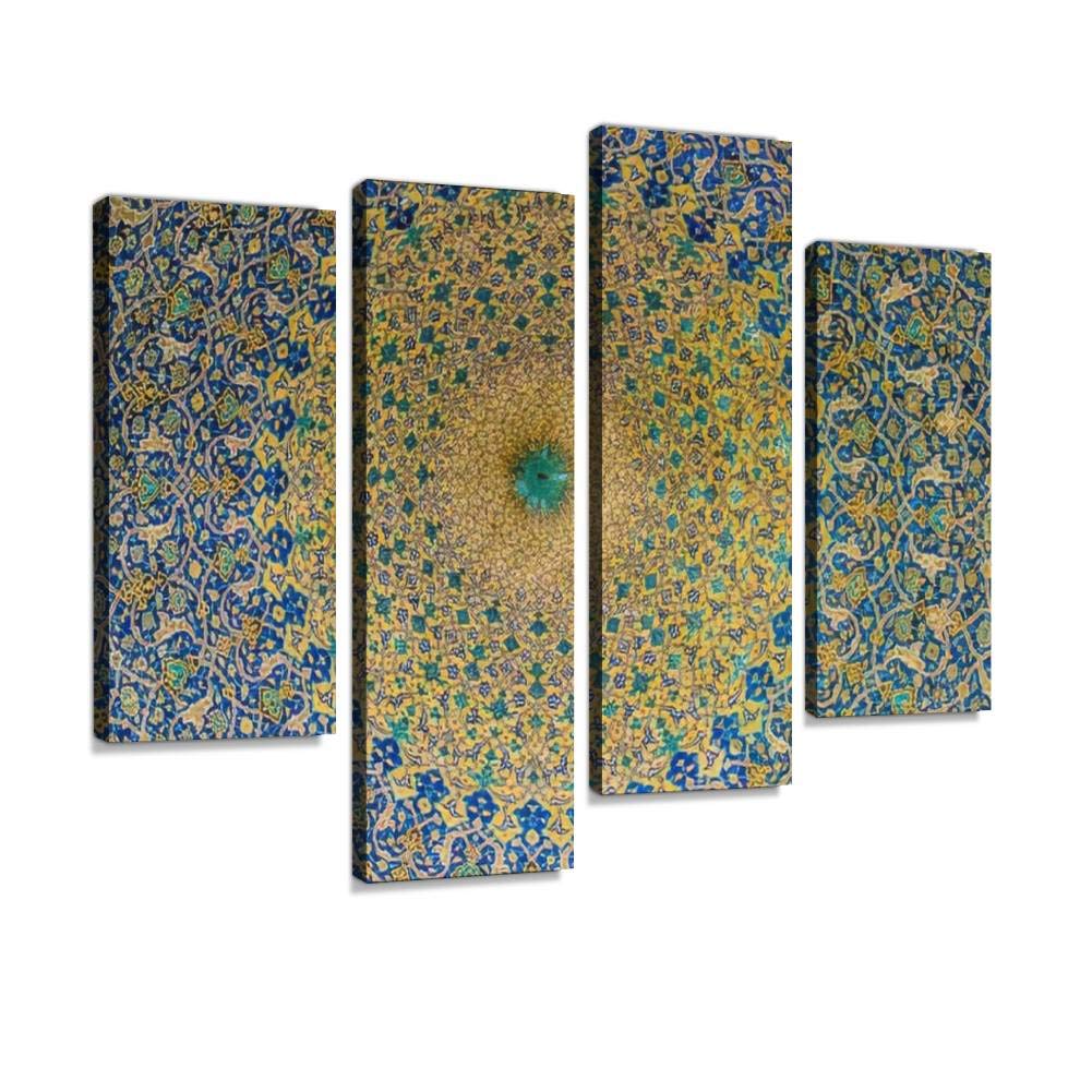 Ceiling tilework at Shah Mosque on Imam Square, Isfahan, Iran Canvas Print Artwork Wall Art Pictures Framed Digital Print Abstract Painting Room Home Office Decor Ready to Hang 4 Panel