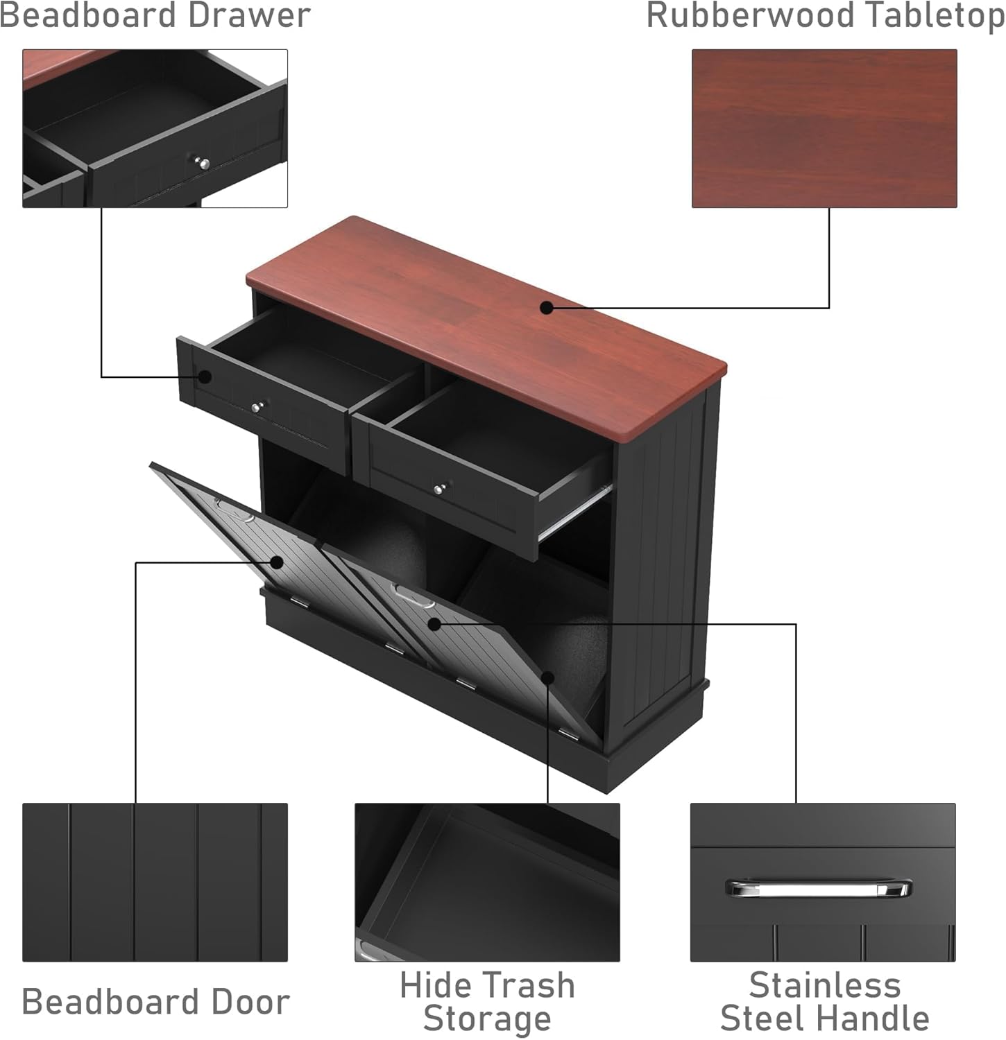 Exploded view diagram highlighting key features of the Betterhood Double Tilt-Out Trash Cabinet, including beadboard drawer, rubberwood tabletop, beadboard door, hidden trash storage, and stainless steel handle.