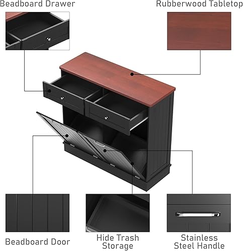 Miniatura 4 de Betterhood Armario de basura de doble inclinación hacia fuera de 10 galones, gabinete clasificador de ropa sucia de madera, reciclaje con cajón