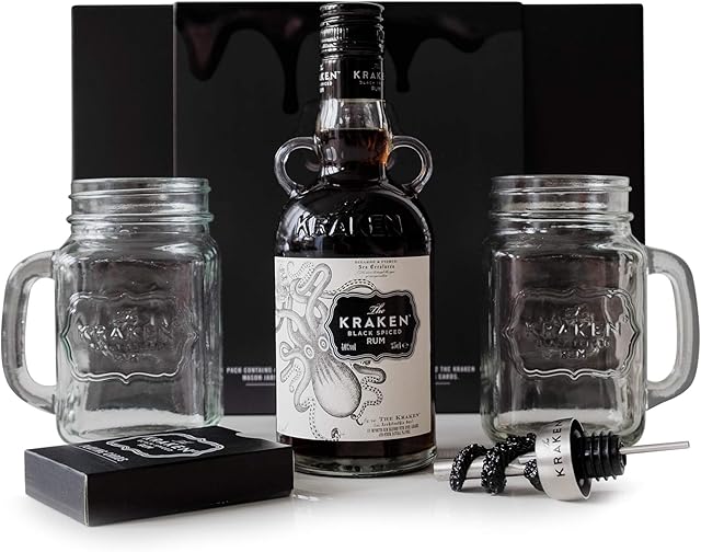 The Kraken Spiced Rum Gift Set - 35cl Kraken Rum Black Spiced, 2 x Rum Glass Mason Jars, Bottle Pourer, Playing Cards - Flavoured Rum and Dark Rum Fathers Day Alcohol Gifts for Him - Presents for Men