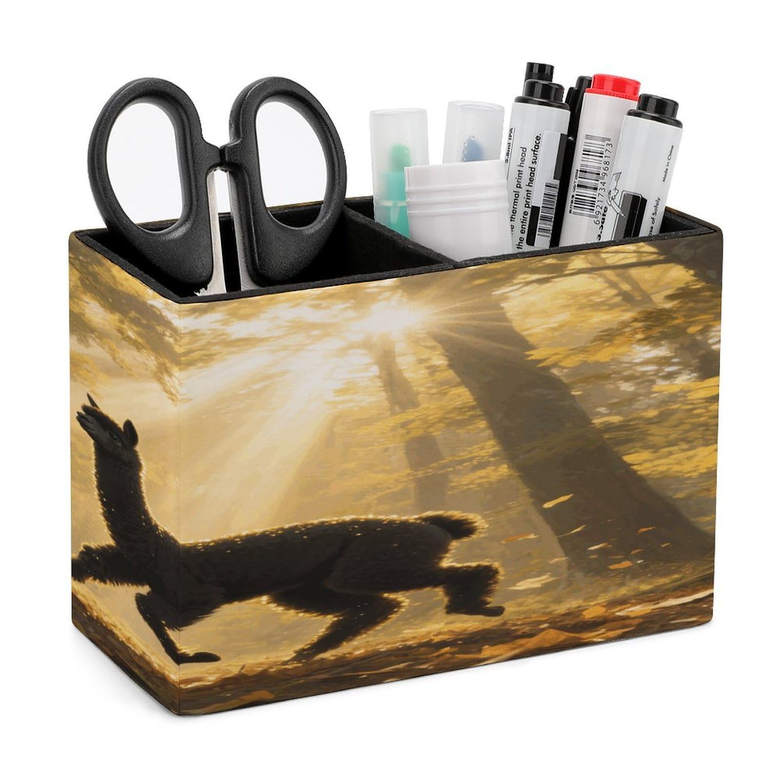 VstaDank Wonderful Forest Pencil Holder for Desk Organizer 2 Compartments Pen Cup Leather Square Pen Holder Pencil Cup Stand Makeup Brush Holders for Desktop Organizer Storage Case