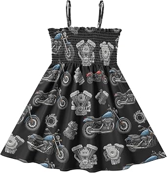 Exnundod Girls Casual Dress Sleeveless Sundress Motorcycle Engine Pattern Design Smocked Spaghetti Strap Dress 2-8T