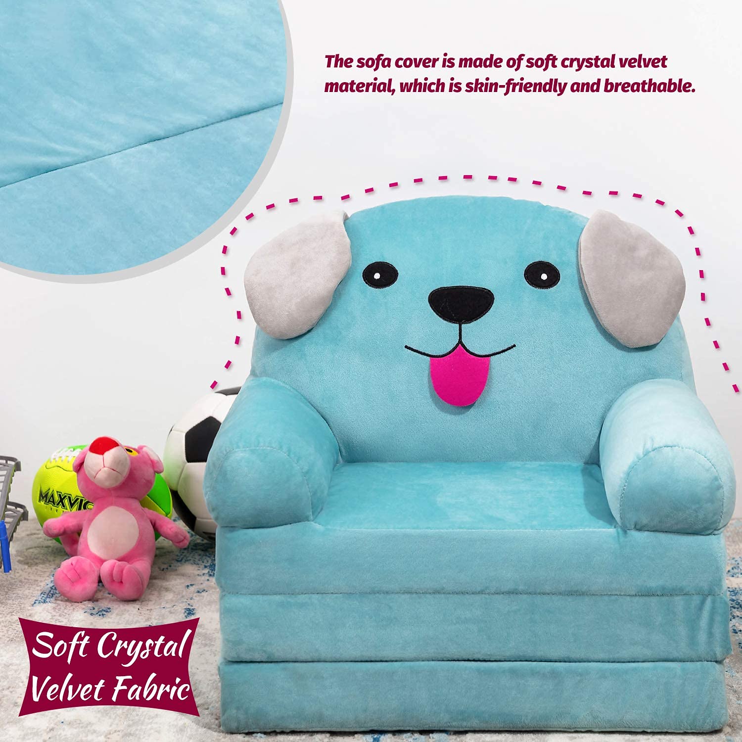 BYBYME - Sedia pieghevole per bambini di 1-3 anni, poltrona carina, divano pieghevole adatto per la sala giochi e la camera da letto (cane blu)