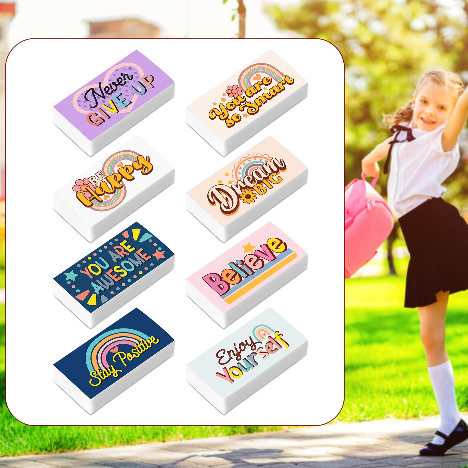 Dunzoom 100 gomme da cancellare motivazionali per bambini, divertenti e motivazionali, forniture per scuola, ufficio, ufficio, insegnanti, artisti (Boho)