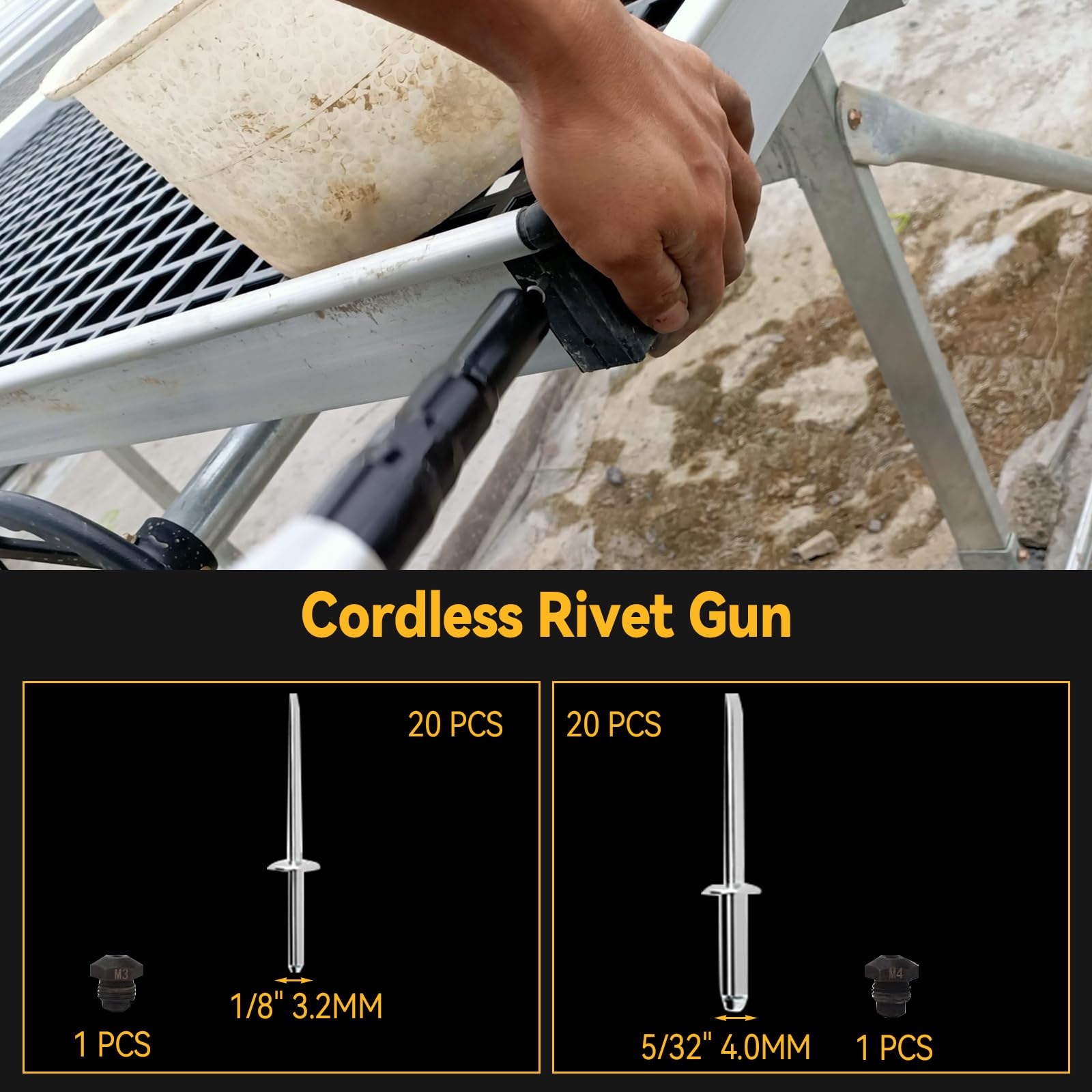 Pistola remachadora inalámbrica compatible con Dewalt batería 18V (sin batería), pistolas de tuerca de remache automáticas eléctricas con 40 remaches para remaches de 1/8 pulgadas, 5/32 pulgadas