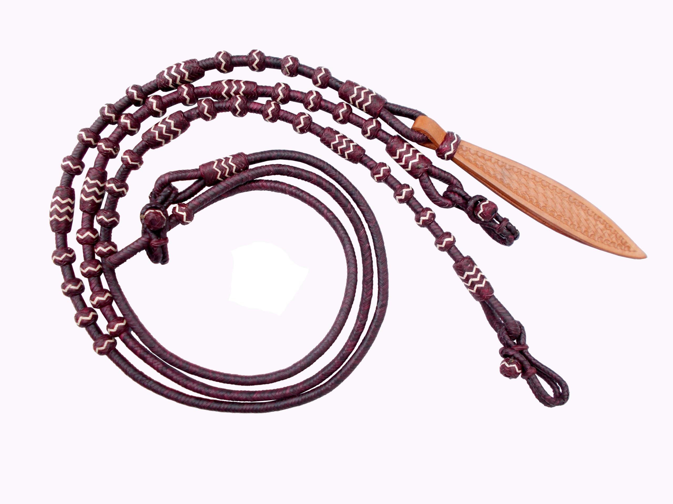 WeavingCraft Chestnut/Burgundy/Maroon/Cherry Raw Hide Hand Made Rope with Matching Knots Raw Hide Leather Horse Tack Hand-Braided Romal Romel Reins Hand Made-Reins-8.5 Ft, 52' Romel