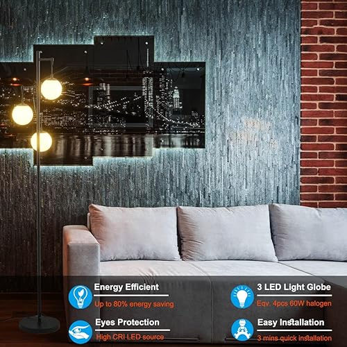 Miniatura 2 de Fiqevs Modernas lámparas de pie negras para sala de estar, lámpara de pie de globo de cristal con 3 elegantes cabezas de lágrima y bombillas LED de