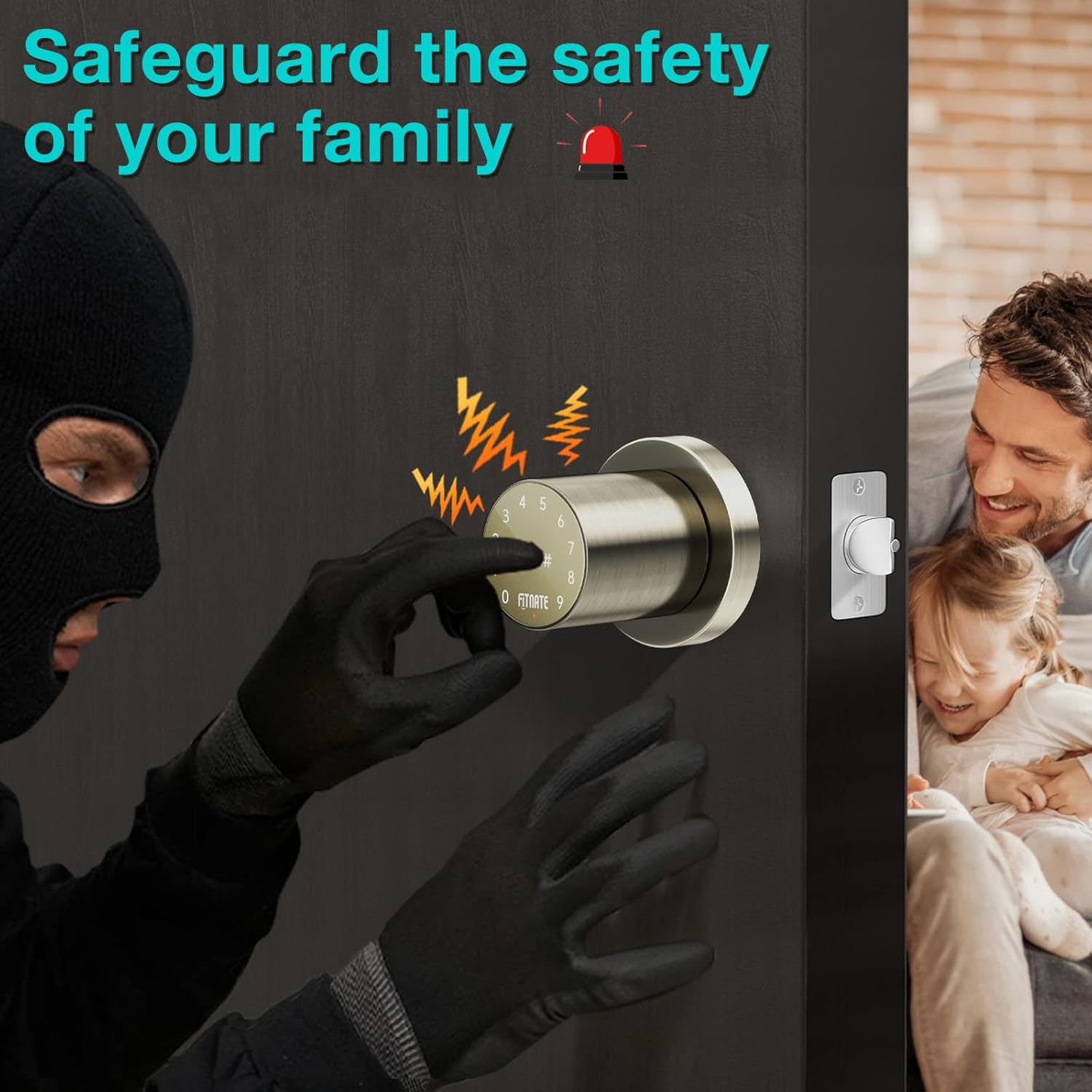 Security features of the FITNATE Keyless Digital Door Knob, including anti-peeking and alarm