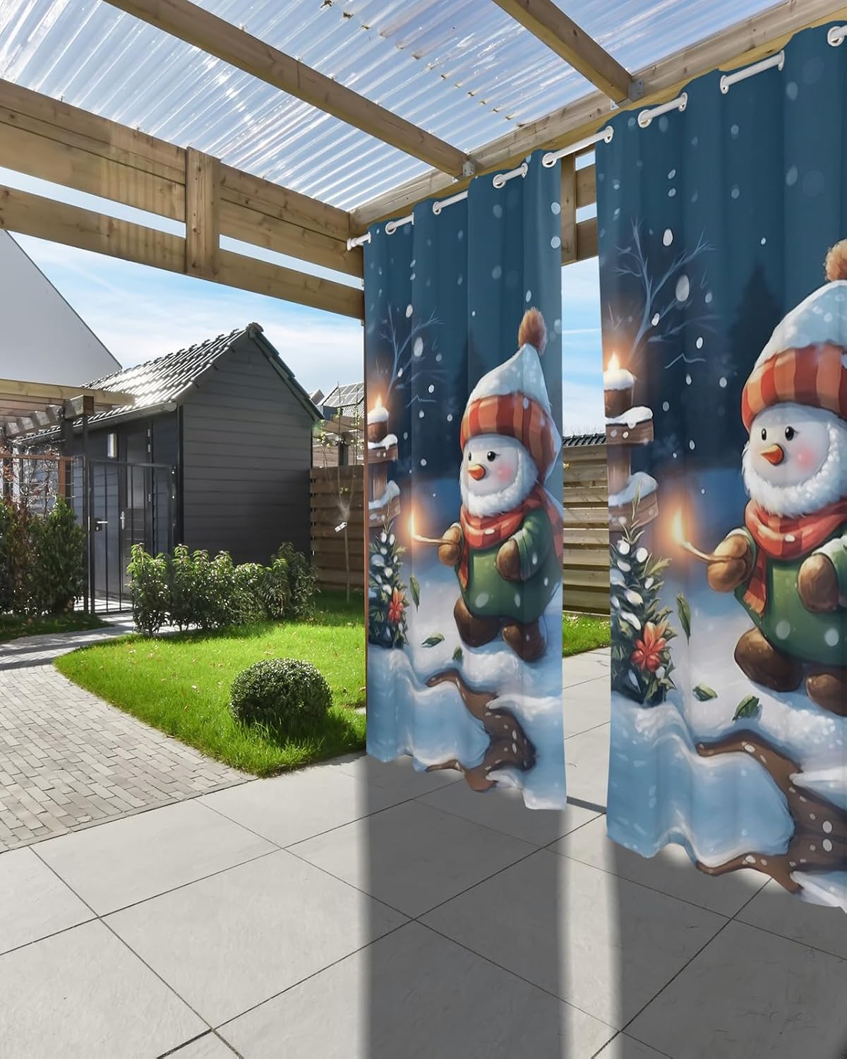 Outdoor Curtain for Patio Waterproof, Cute Gnome Matchstick Snow Christmas Windows Curtains Panels Light Filtering Outside Drapes for Living Room/Pergola/Garden/Balcony 52" W x 95" L