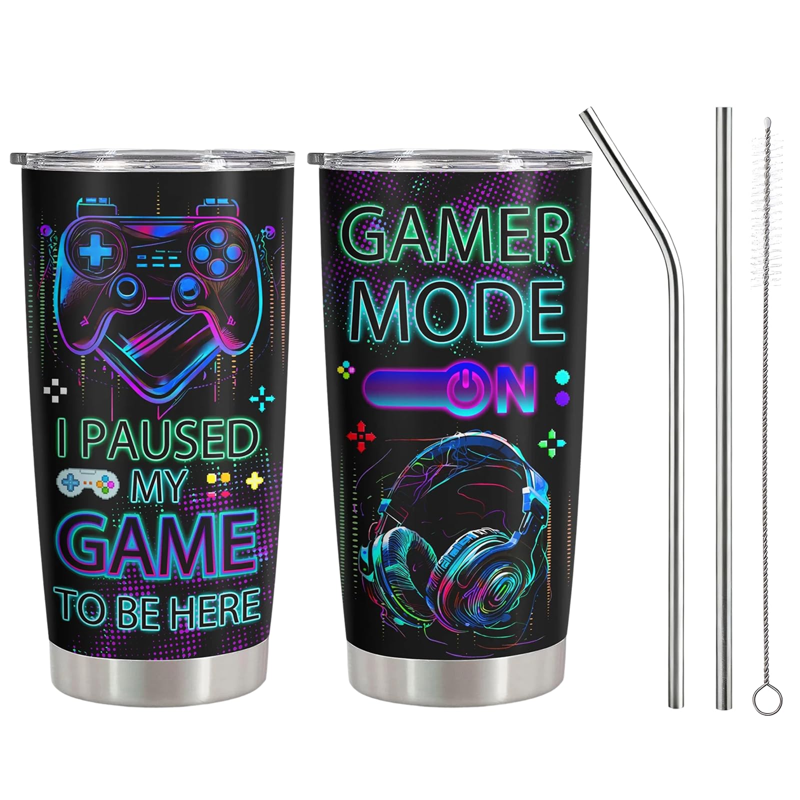 Komergave Gamer Gifts for Boys Men, 20oz Travel Mugs for Hot Drinks, Leakproof Stainless Steel Insulated Coffee Cup Thermal Tumbler with Straw and Lid for Gaming Lovers Birthday Christmas Gifts
