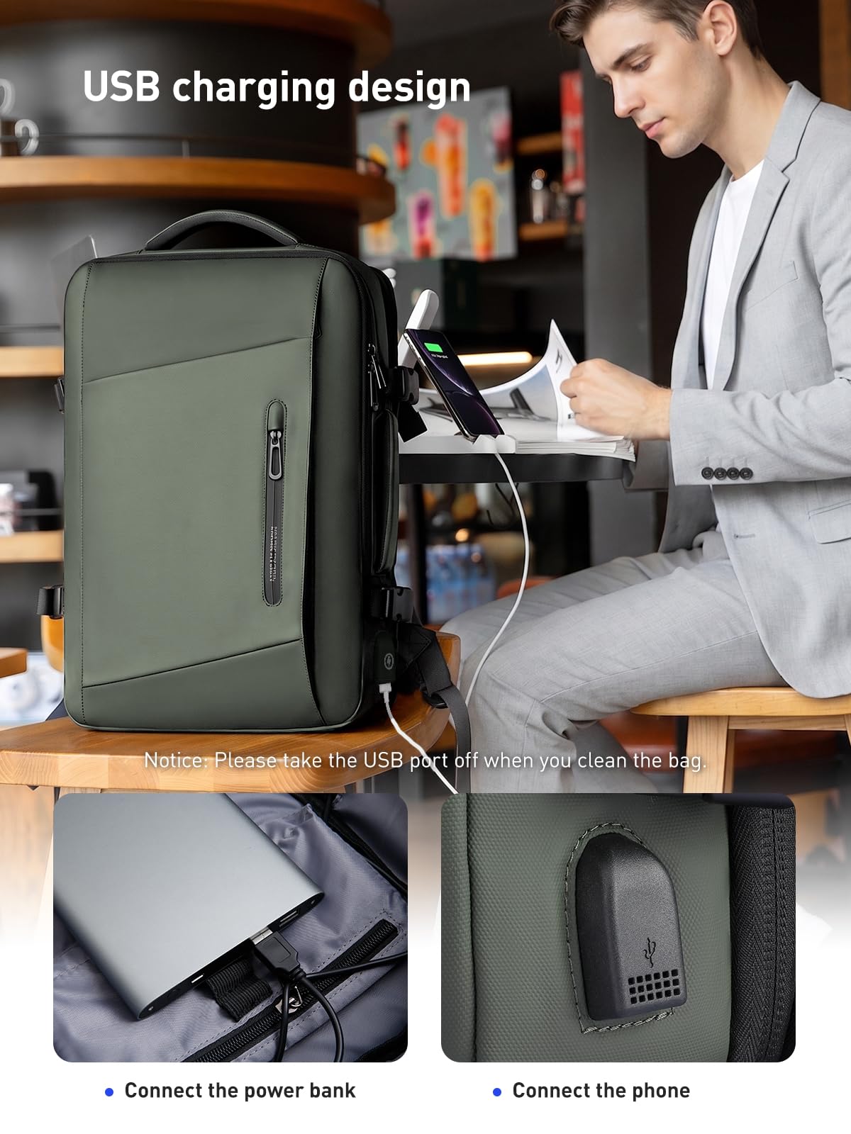 Mark Ryden Plecak na laptopa, rozszerzalny plecak podróżny 26L-38L, rozmiar kabinowy, plecak biznesowy, męski z portem ładowania USB, pasuje do laptopa 17,3 - zielony