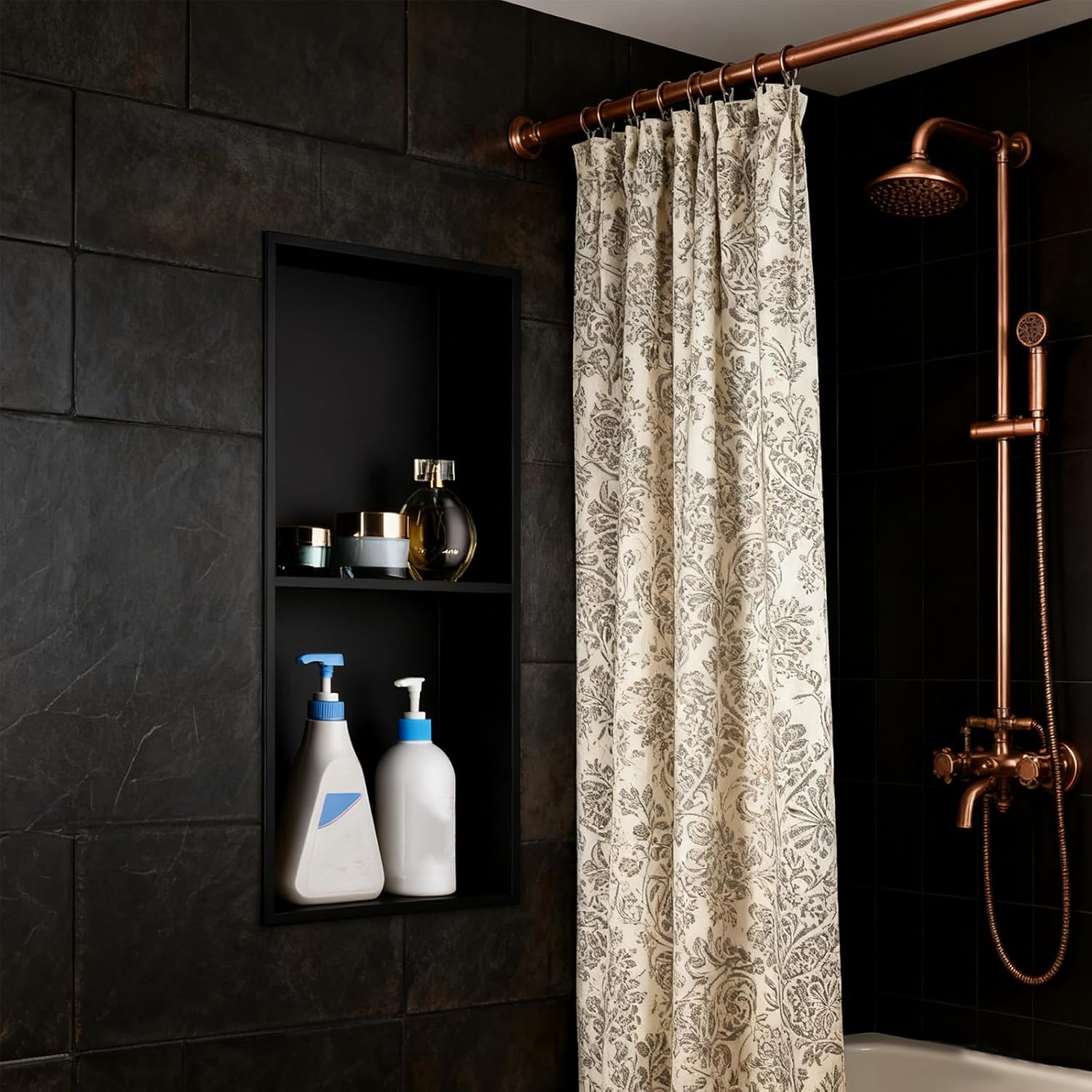 NEWRAIN Shower Niche Stainless Steel Double Bathroom Niche NO Tile Neededs 12''X24'', Recessed Wall Shelves, Matte Black Shower Shelf Insert