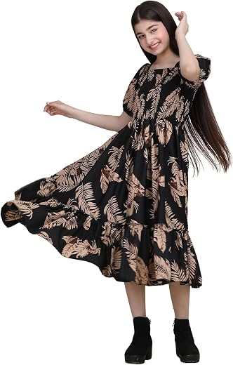 ROYALTAYLOR Elegant and Comfortable Girls' Dress - Square Neck, Short Sleeve, Knee-Length, Crepe Fabric, Vibrant Color
