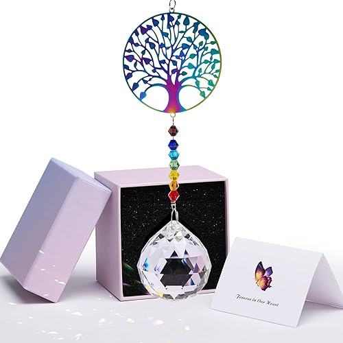 Elivida Atrapasoles de cristal para jardín con caja de regalo, diseño de árbol de la vida moderno con prismas para hacer arco iris, regalos