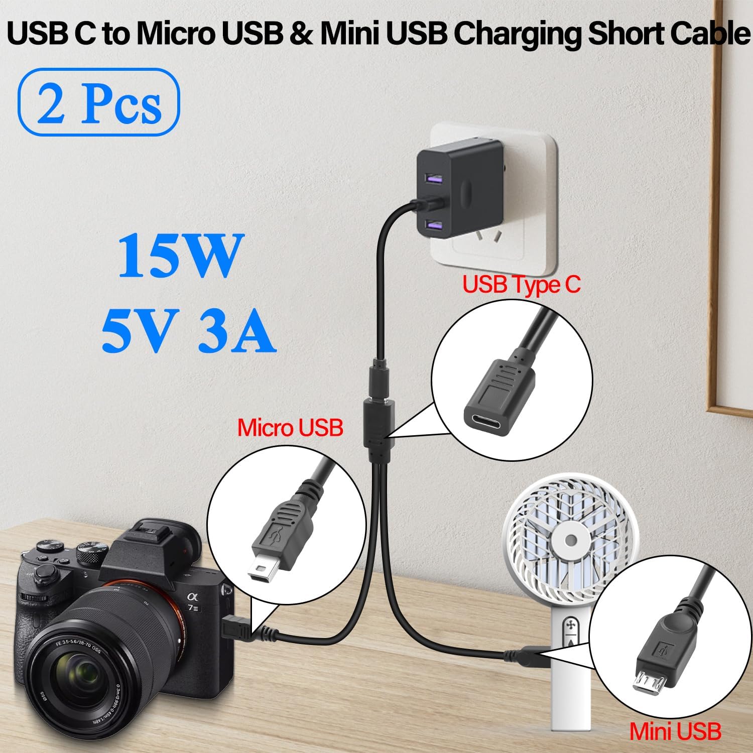 QIANRENON USB C to Micro & Mini USB Splitter Charging Short Cable 1 in 2 USB Type C Female to Micro USB Male+Mini USB Male Y Connector Extension Cable 5V3A, No Data Transfer, 30cm/11.8in, 2Pcs image 3