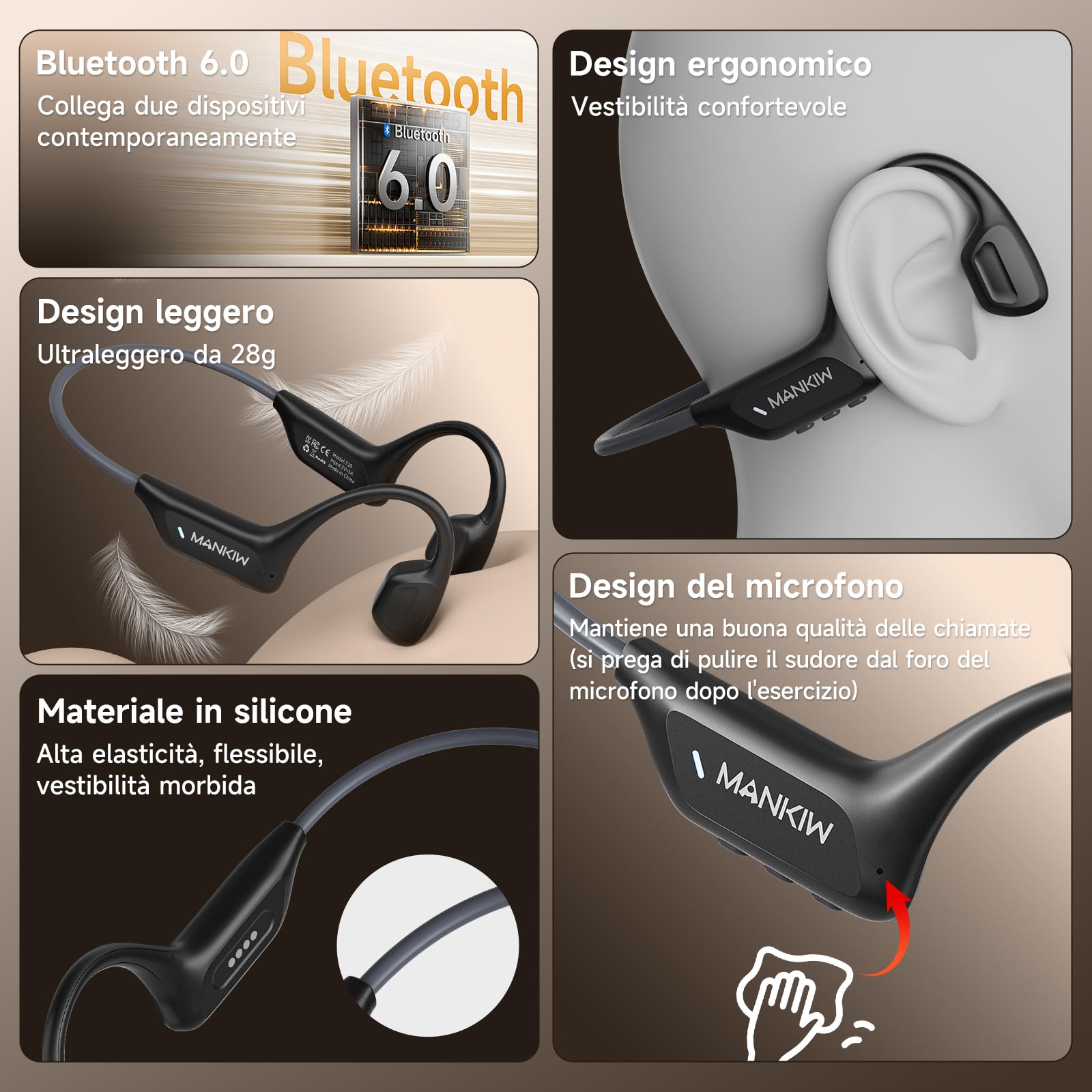 MANKIW Cuffie Conduzione Ossea, IP68 Cuffie Open Ear Bluetooth 6.0, Auricolari Conduzione Ossea per Fitness, Corsa, Auto, Escursionismo