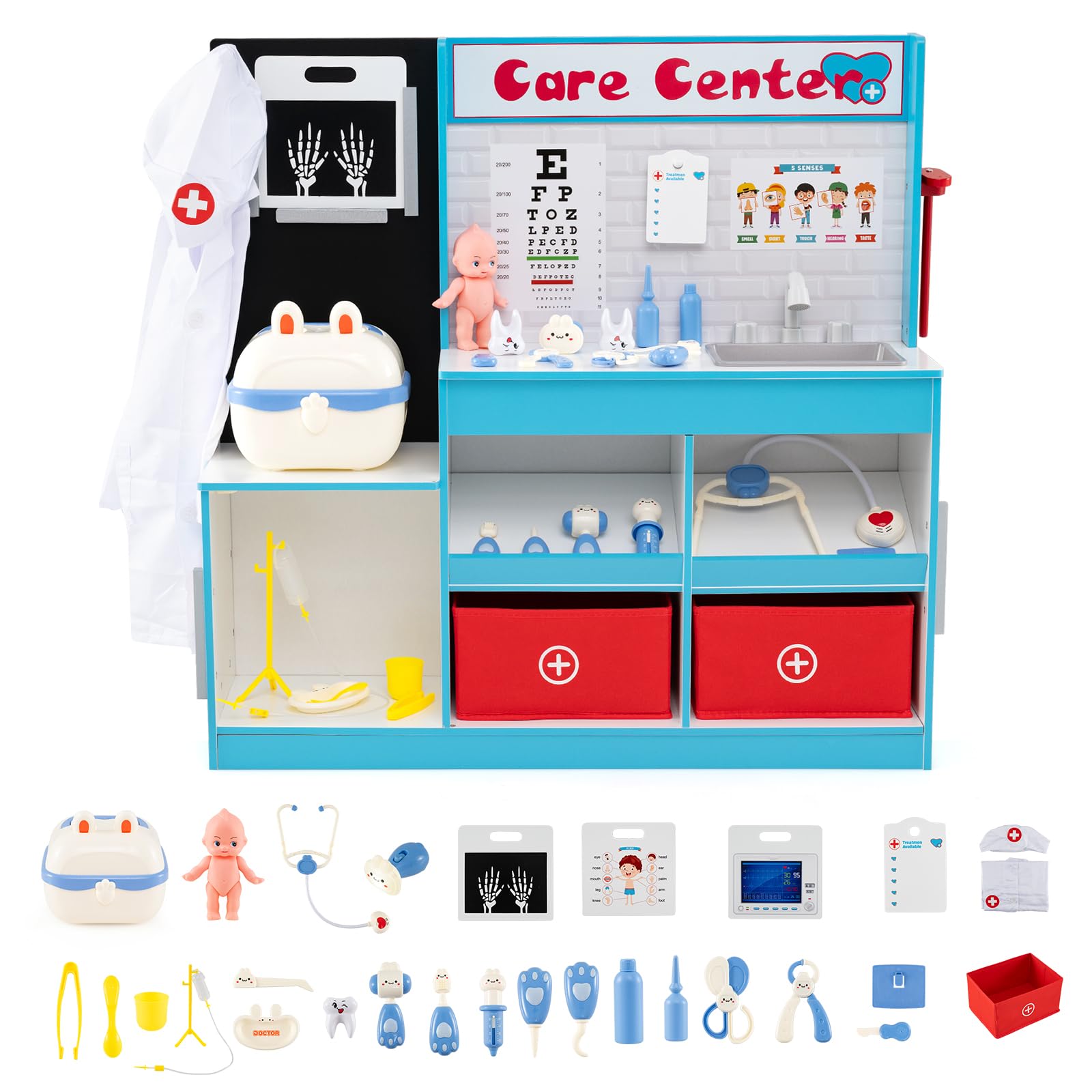 COSTWAY 29 TLG. Arzt-Set mit Arztkoffer, Doktor Spielset Holz mit Röntgenfilm, EKG-Monitor, Sehtafel, Wasserhahn, Spüle & Größenmesser, Arzt Rollenspiel für Kinder ab 3 Jahren (Blau)
