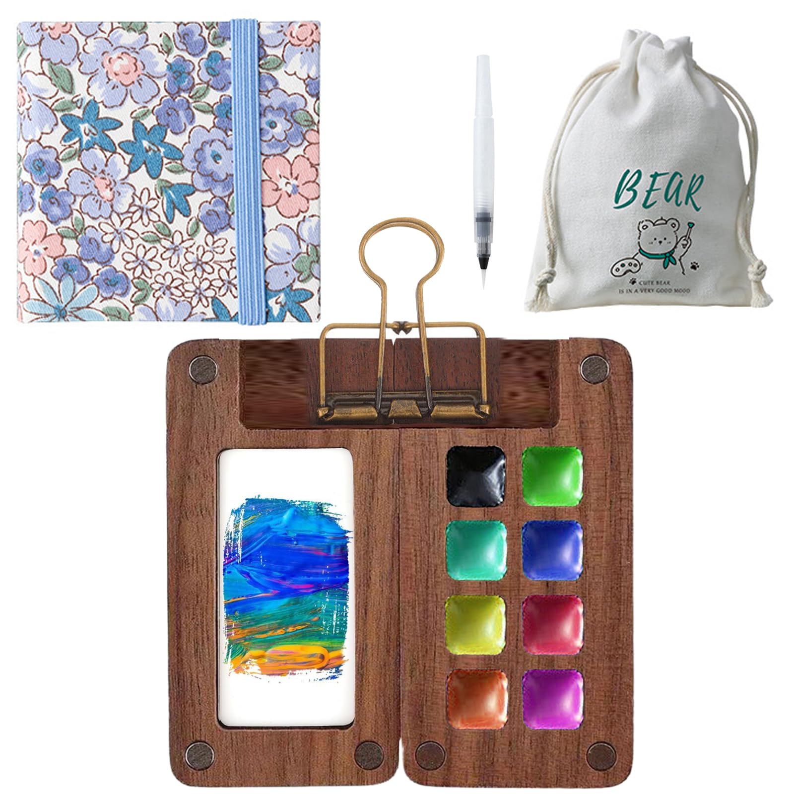 Ensemble aquarelle 15 couleurs miniature en bois avec plateau de peinture ultra léger