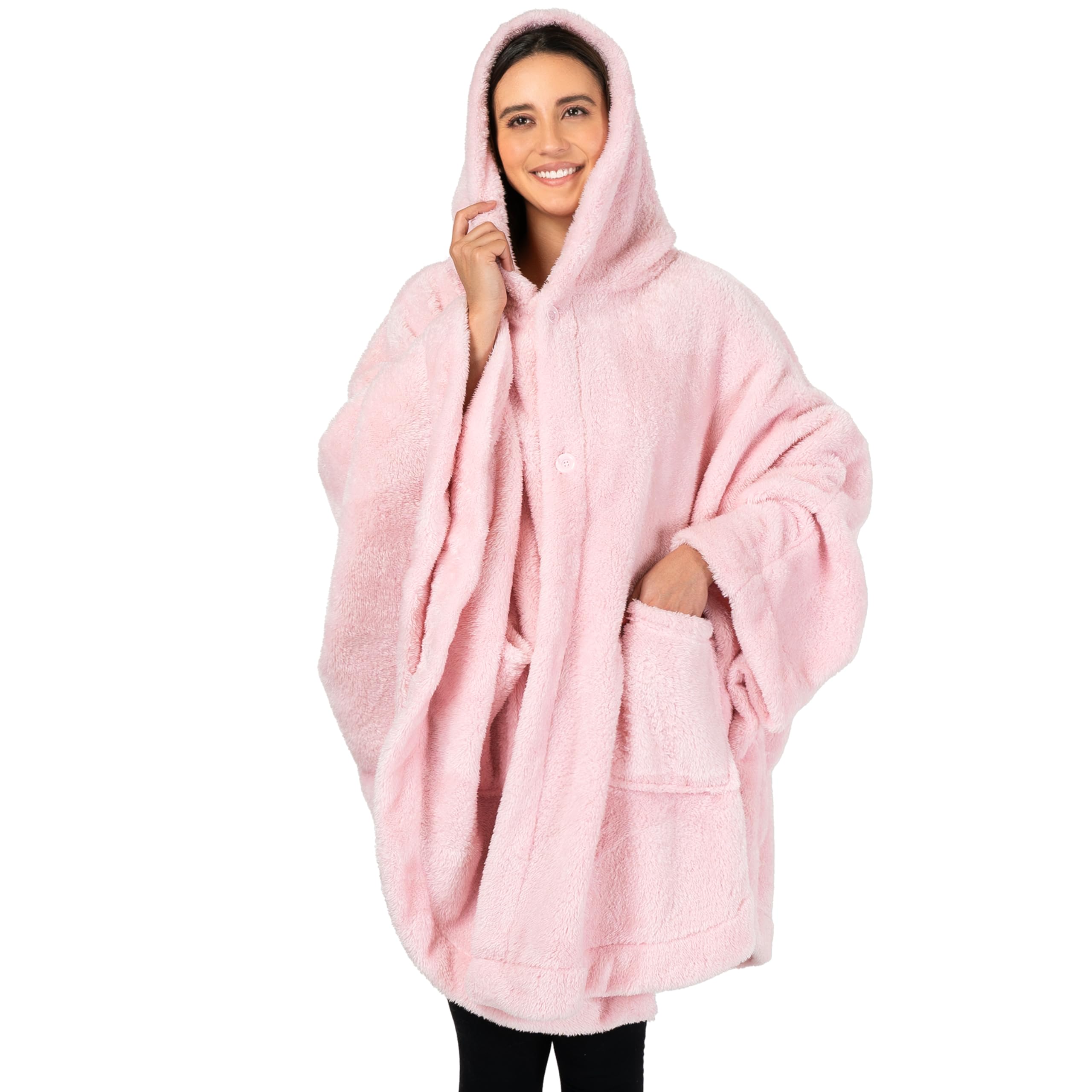 Pavilia Women's Light Pink Angel Wrap Hooded Blanket Poncho, Wearable Blanket Throw Wrap Poncho For Adult, Cozy Fluffy Sherpa Fleece Shawl Cape With Hood Pockets, Warm Gift For Mom Wife,
