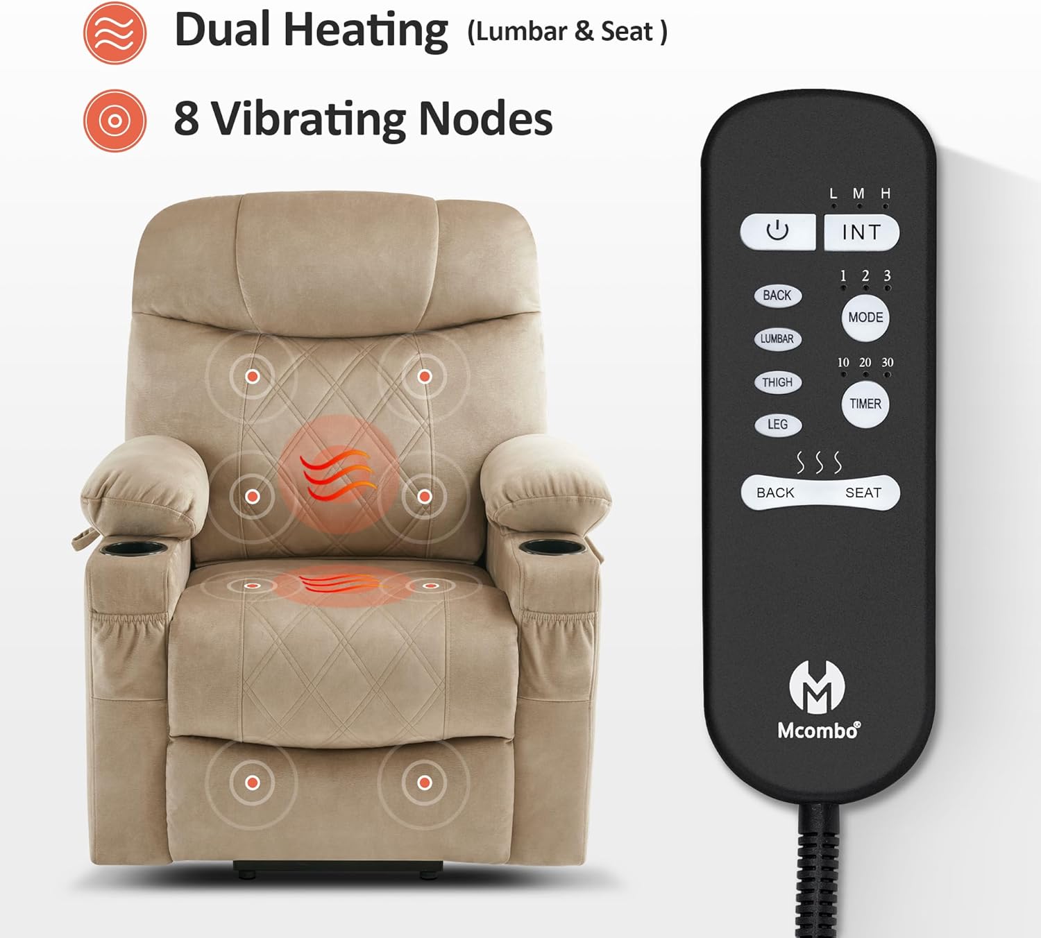 Main remote control for MCombo Model 7222 recliner showing buttons for lift, recline, and headrest adjustment