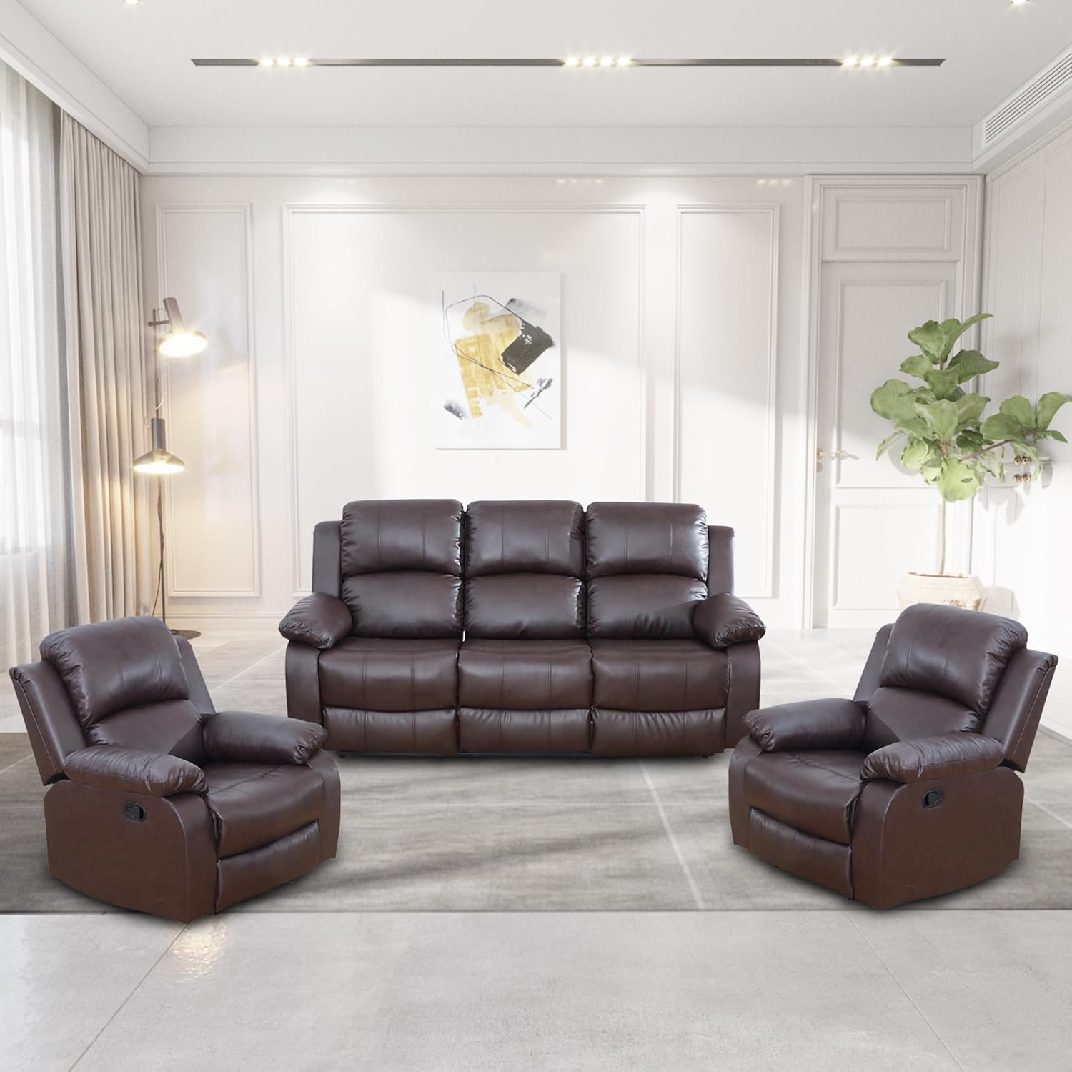 2 Piece Living Room Furniture Set, Leather Recliner Loveseat and Chair Set,Recliner Couch for Home Office Apartment（Chair and Loveseat Set,Brown