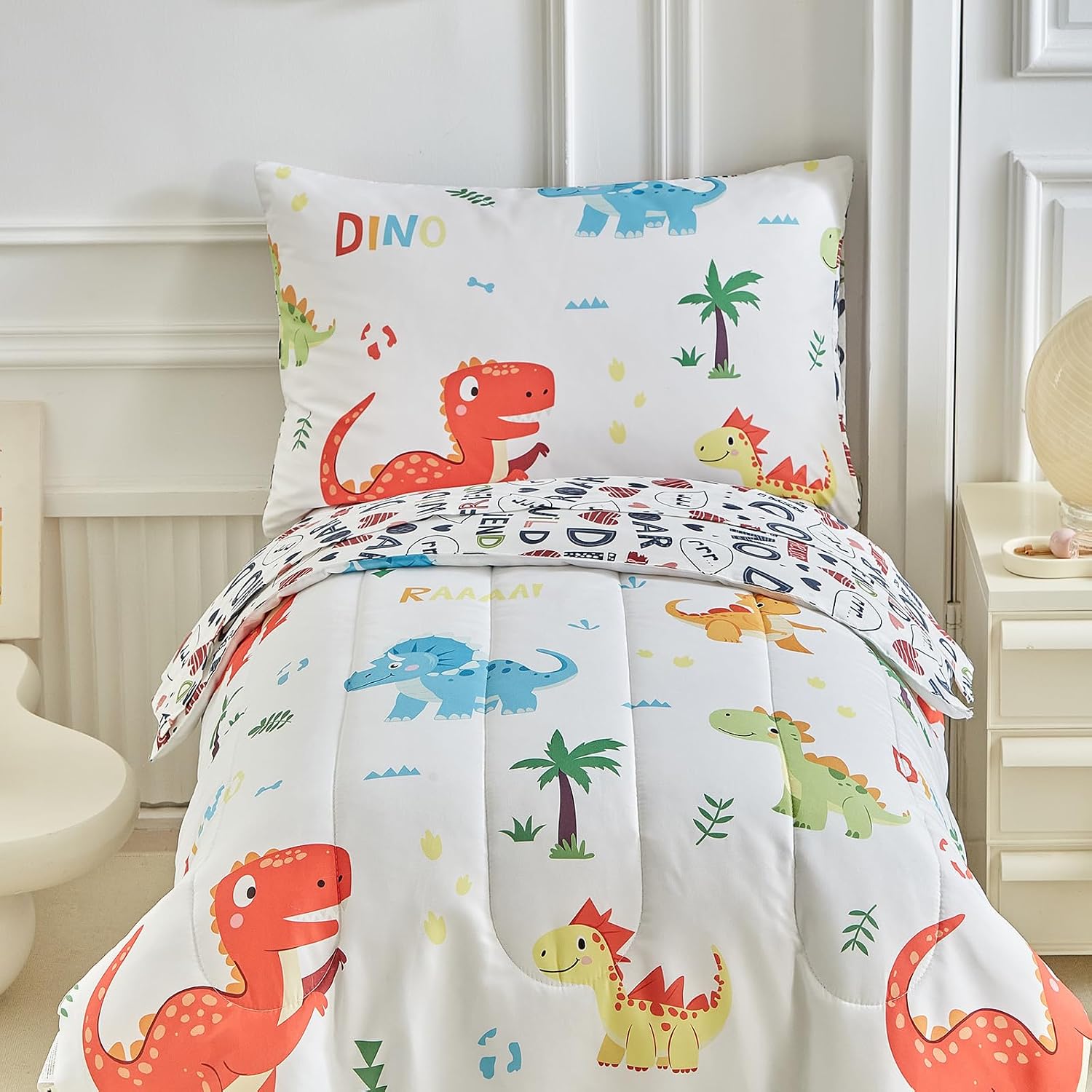 Dinosaur Toddler Bedding Set for Boys Girls 4 Pieces Toddler Bed Set - Ultra Soft Cartoon Cute Orange Yellow Blue Green Dinos - Comforter Fitted Sheet Flat Sheet Pillowcase White