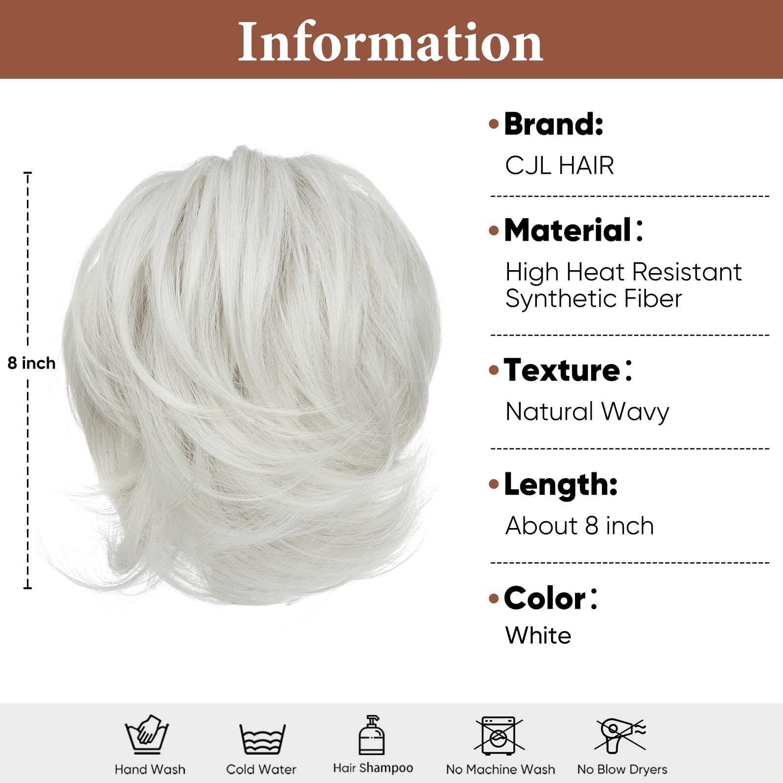 CJL HAIR Extension per capelli corti con clip a coda di cavallo fai da te in metallo pieghevole per chignon disordinato per capelli sintetici lisci bianchi
