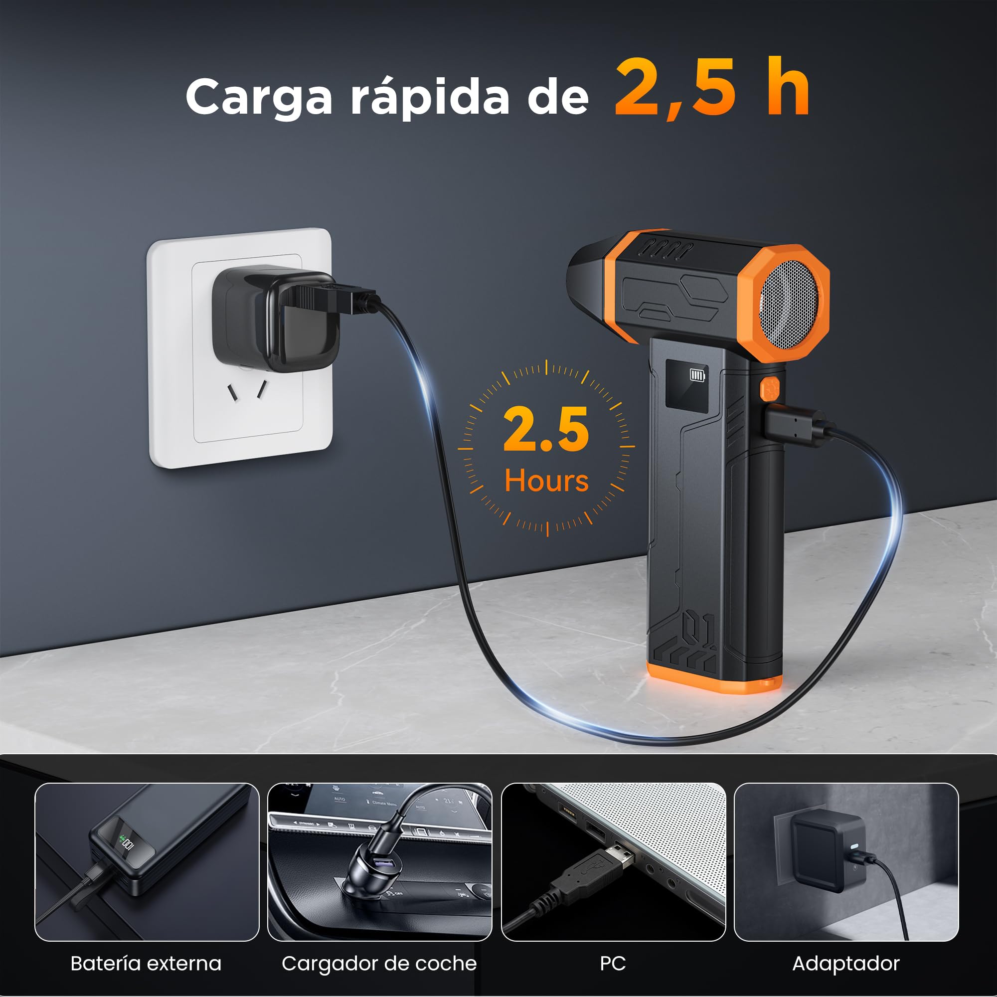 VIWAVE Soplador de Aire Potente,150000 U/min 3 Velocidades Aire Comprimido Limpieza PC,Soplador de Aire para PC con luz LED,Mini soplador Bateria de Larga duración para PC Teclado Laptop Coche