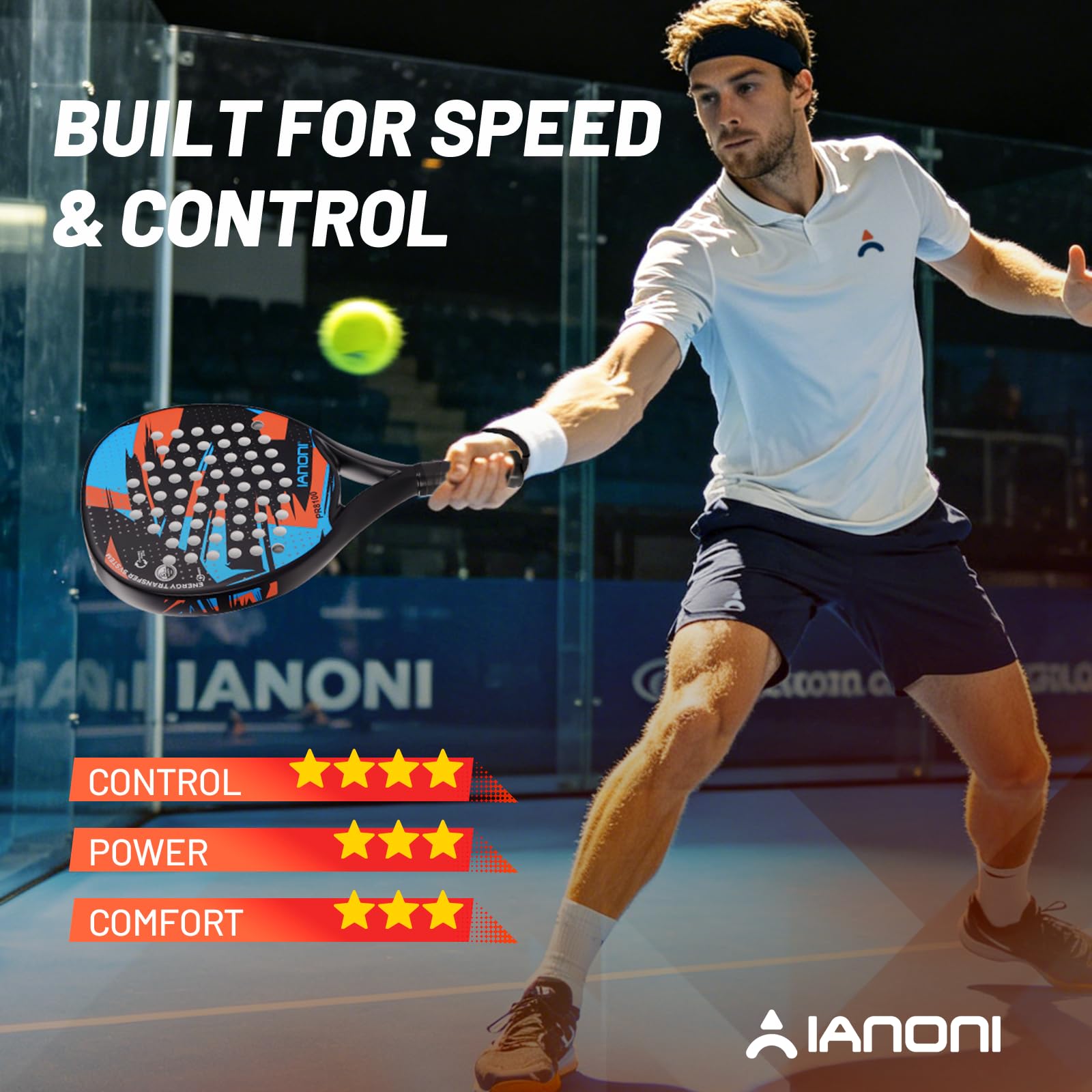 ianoni Racchetta da padel con superficie in fibra di carbonio con nucleo in schiuma EVA Memory Flex, arancione