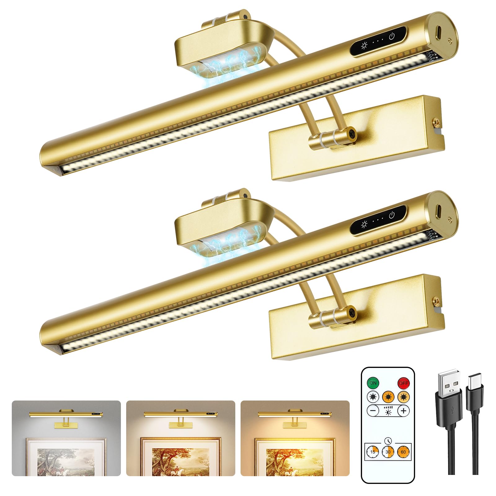 Magnetic Wireless Picture Light Rechargeable Battery Operated with Remote/Touch/Timer, Angle Adjustable 16in Metal Painting Light, 3 Color Dimmable, Art Light for Display, Wall, Gallery, Gold 2Pack