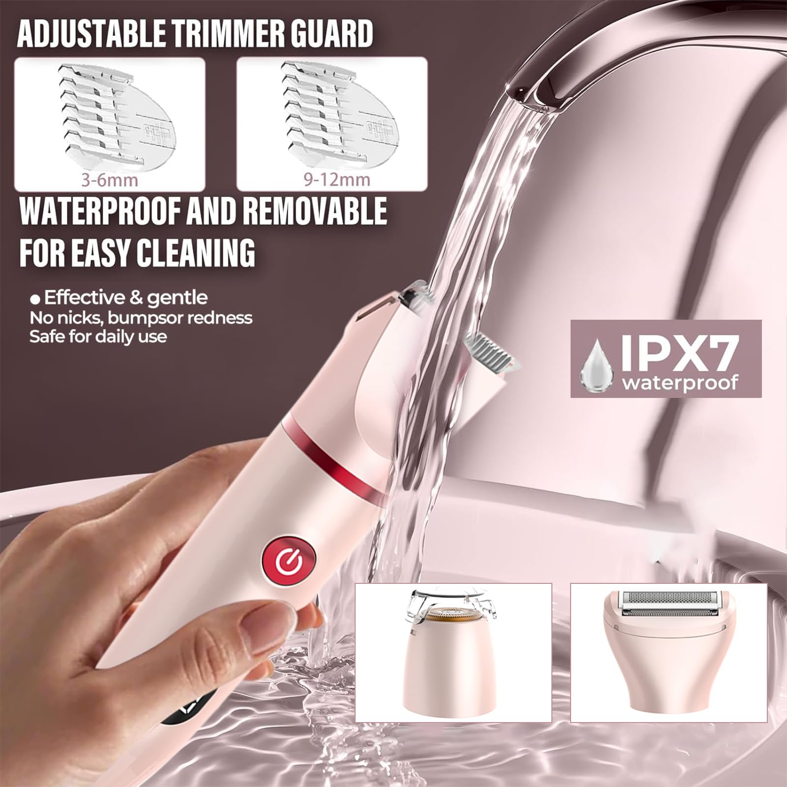 3 in 1 Rasoir Electrique Femme, Tondeuse Intime, IPX7 Étanche Rasoir Femme, utilisation humide et sèche pour le visage, les aisselles, les jambes (Rose)