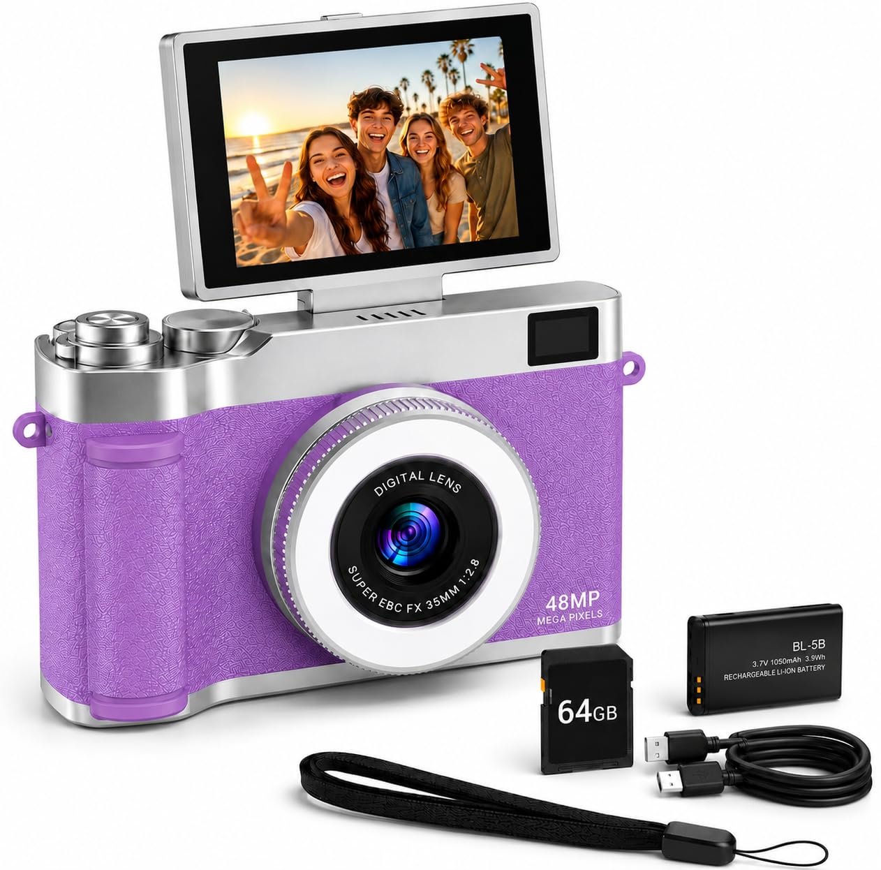 Digital Camera for Teens with 180° Flip Screen, 48MP Point and Shoot Camera, Y2K CCD Camera with Fill Light & SD Card, Selfie Vlogging Camera for Beginners, Purple