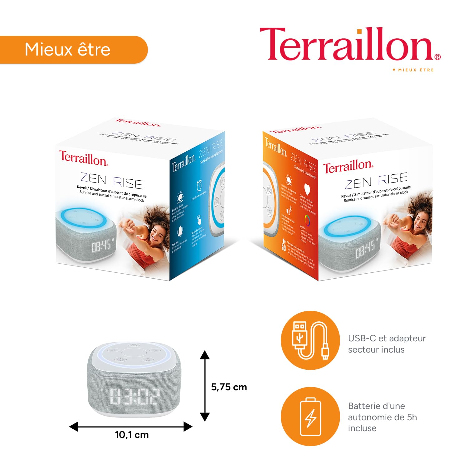 TERRAILLON - ZEN RISE - Aide à l'endormissement et relaxation, Réveil et simulateur d'aube, 10 ambiance sonores et 4 modes lumineux, Prog 10/30/60 min, Bluetooth, USB-C